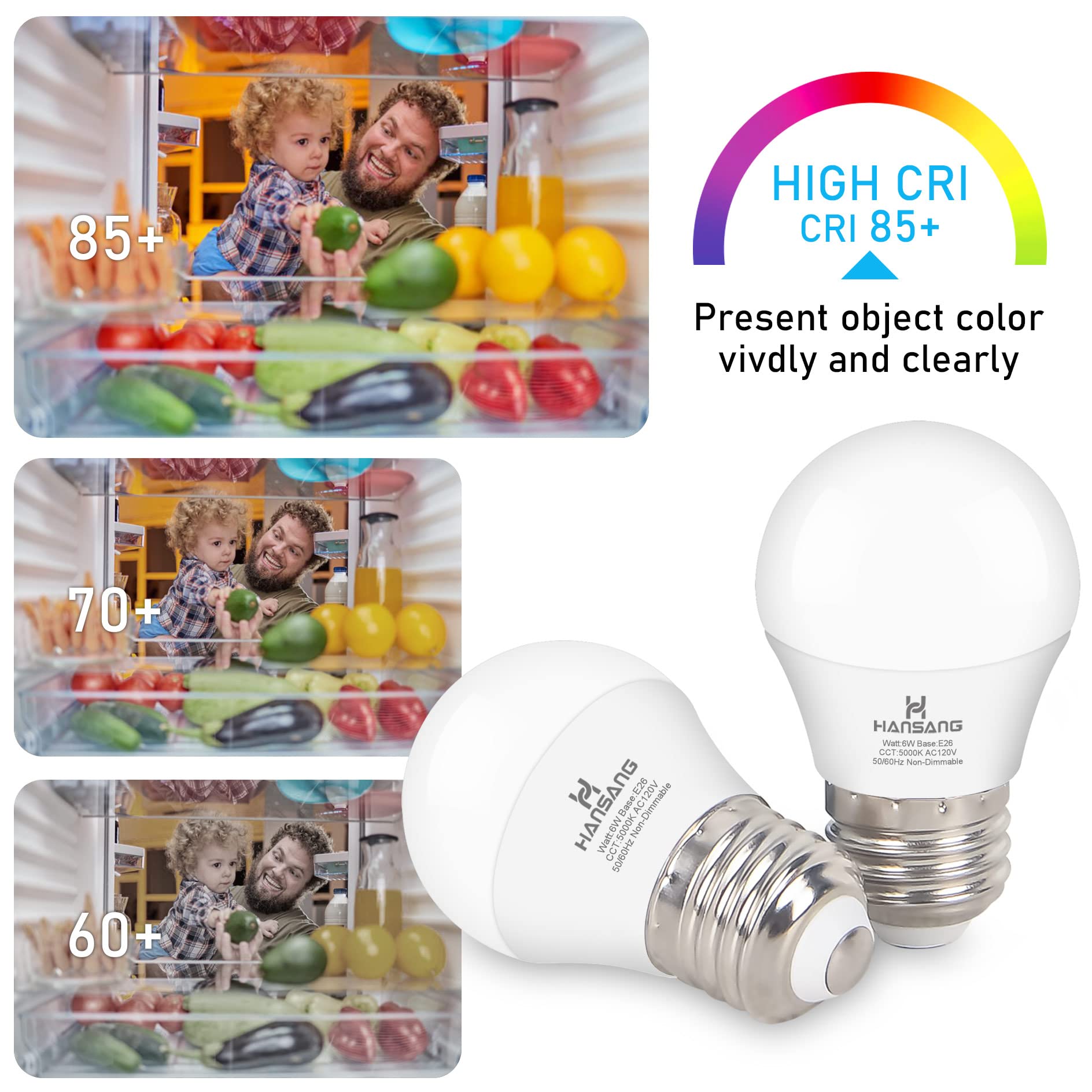 hansang E26 LED Refrigerator Bulb, 60W Equivalent, 5000K Daylight, Waterproof, 2 Pack, Non-Dimmable, Aluminum