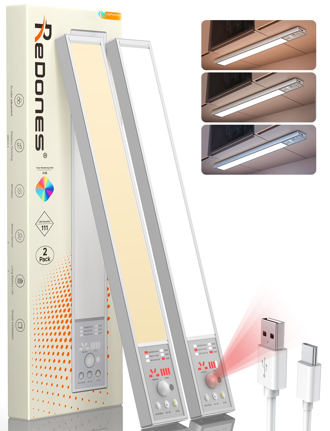 Under Cabinet Lighting - 2500Mah Led Motion Sensor Light Indoor, 2Pack Under Cabinet Lights 12 Inch 3 Color Temps 111 Led Wireless Usb Rechargeable Under Counter Lights For Kitchen/Closet Lights
