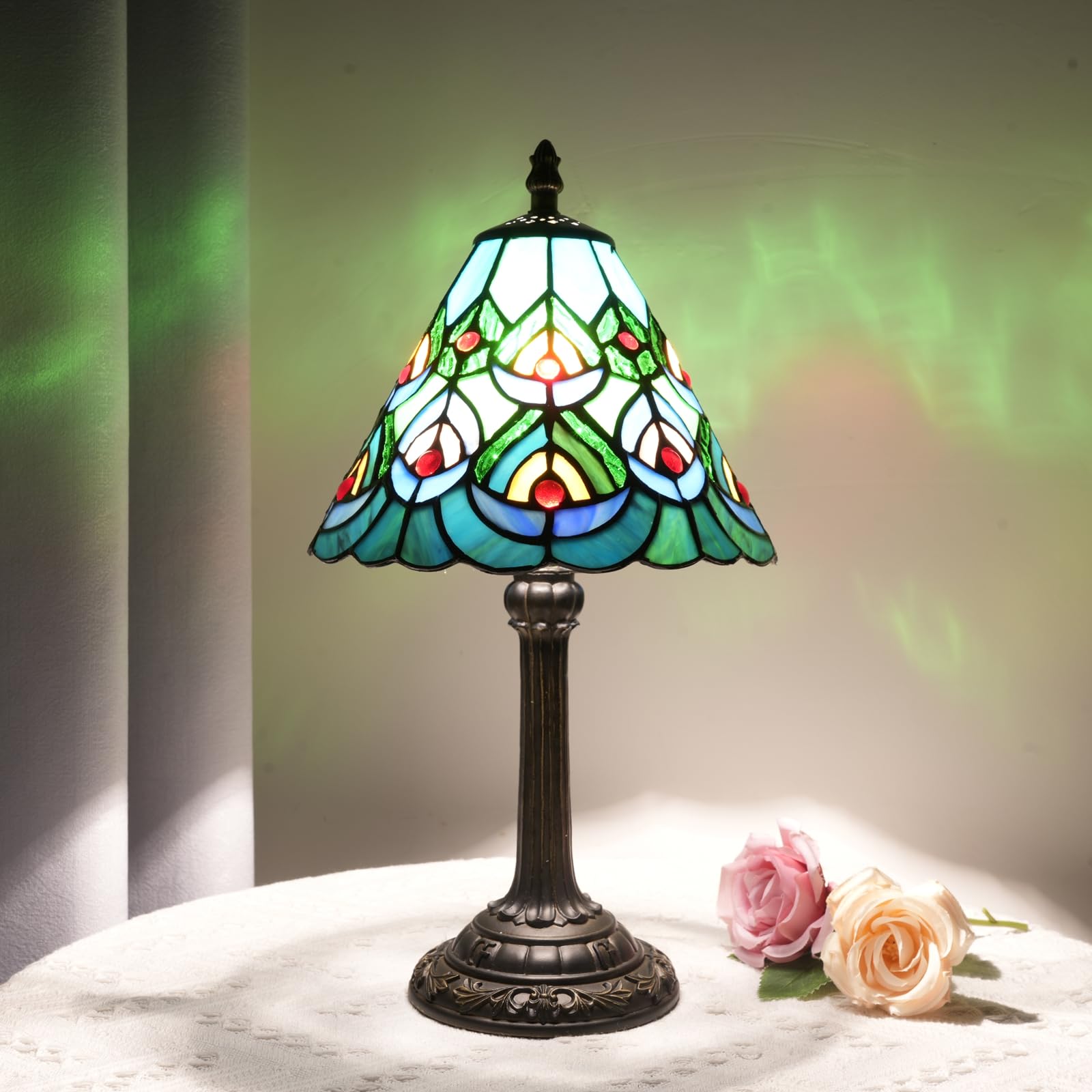 Green Peacock Decor Small Tiffany Style Table Lamp Antique Stained Glass Lamps Vintage Bedroom Bedside Reading Light Living Room