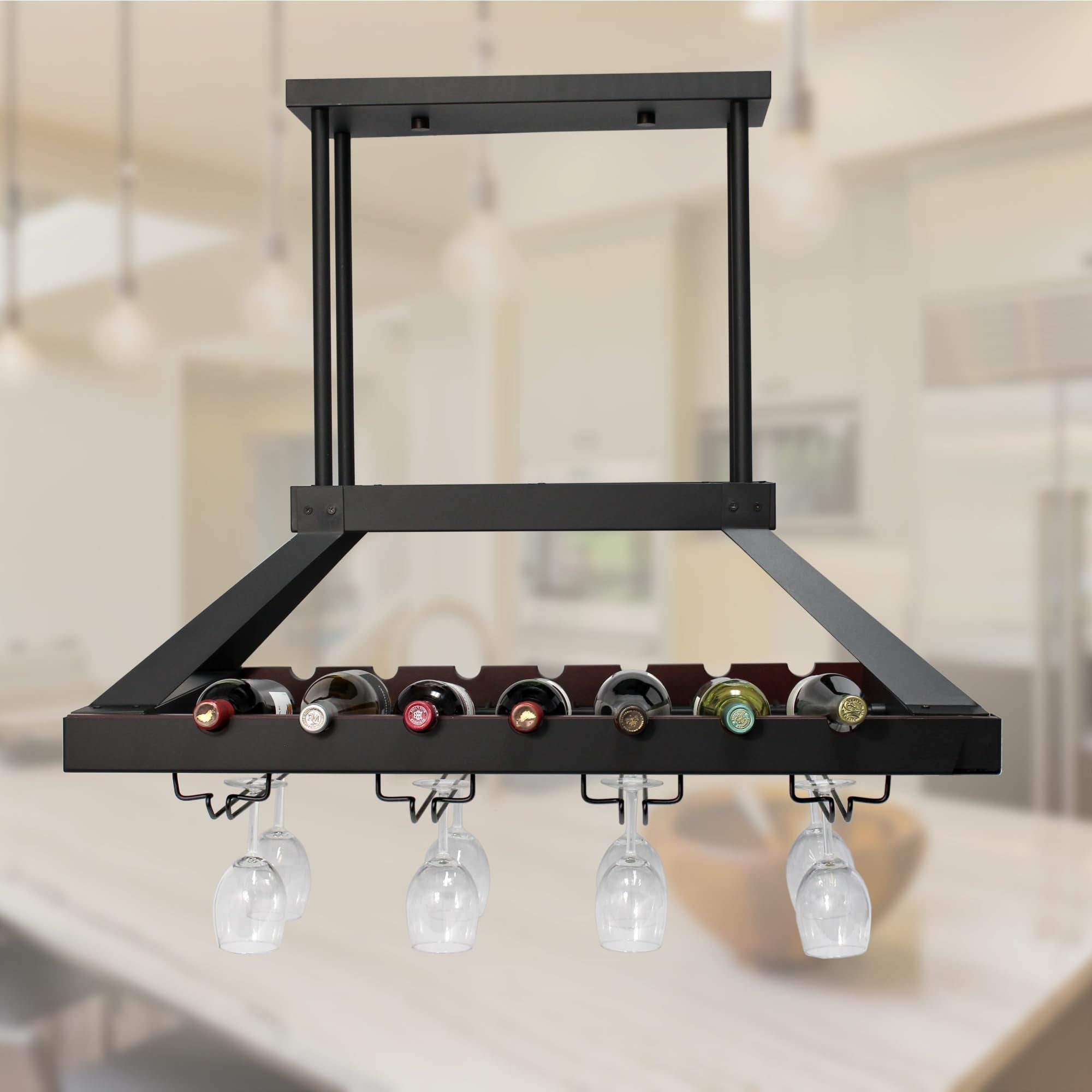 Elegant Designs Wr1000-Orb Kitchen Hanging Led Light Overhead Wine Rack Island Pendant Chandelier Bottle And Glass Storage Display, Oil Rubbed Bronze