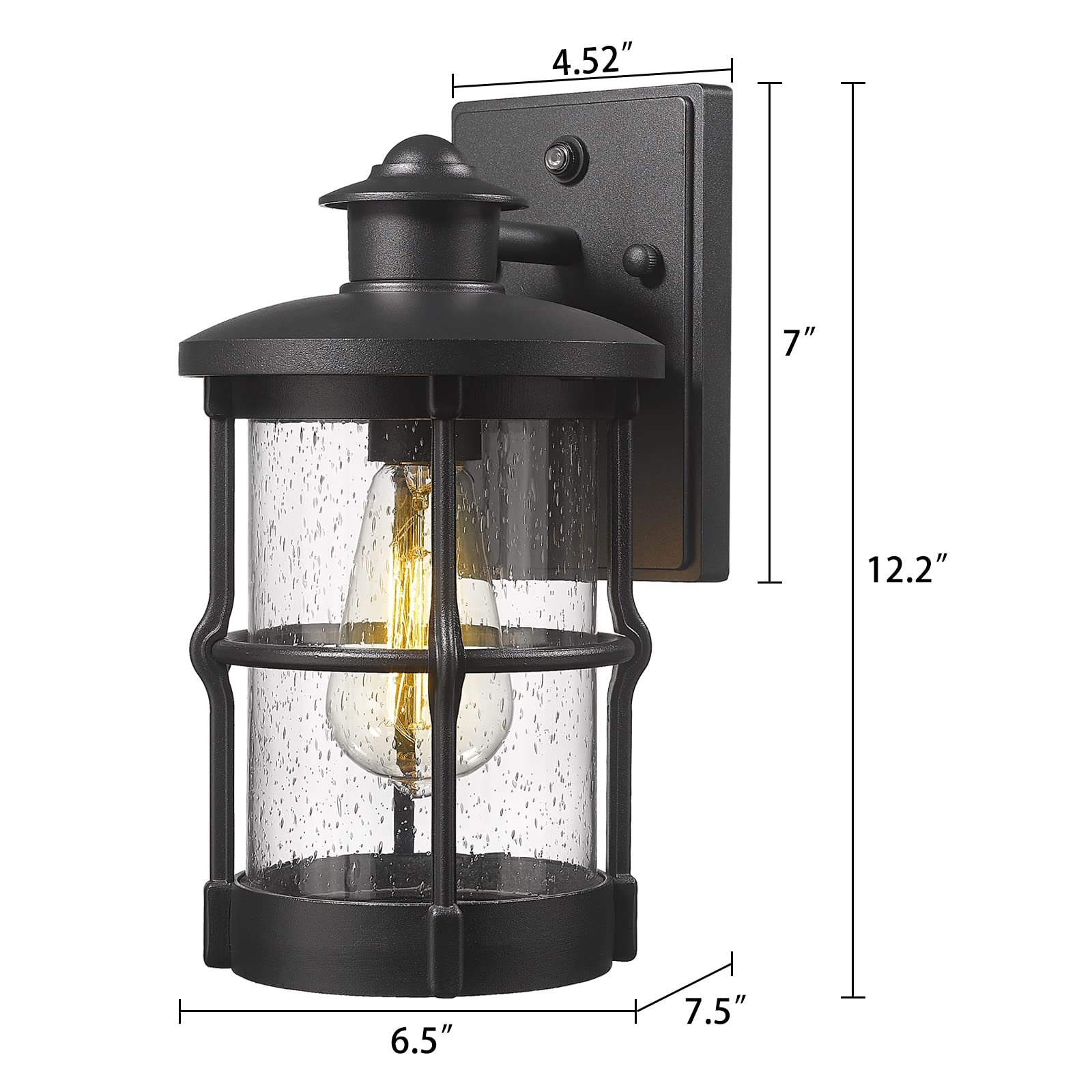 Rosient Outdoor Wall Sconce - Dusk to Dawn Black Metal Entryway Light Fixture, Model DDLTM-W, Seeded Glass, 1 Pack