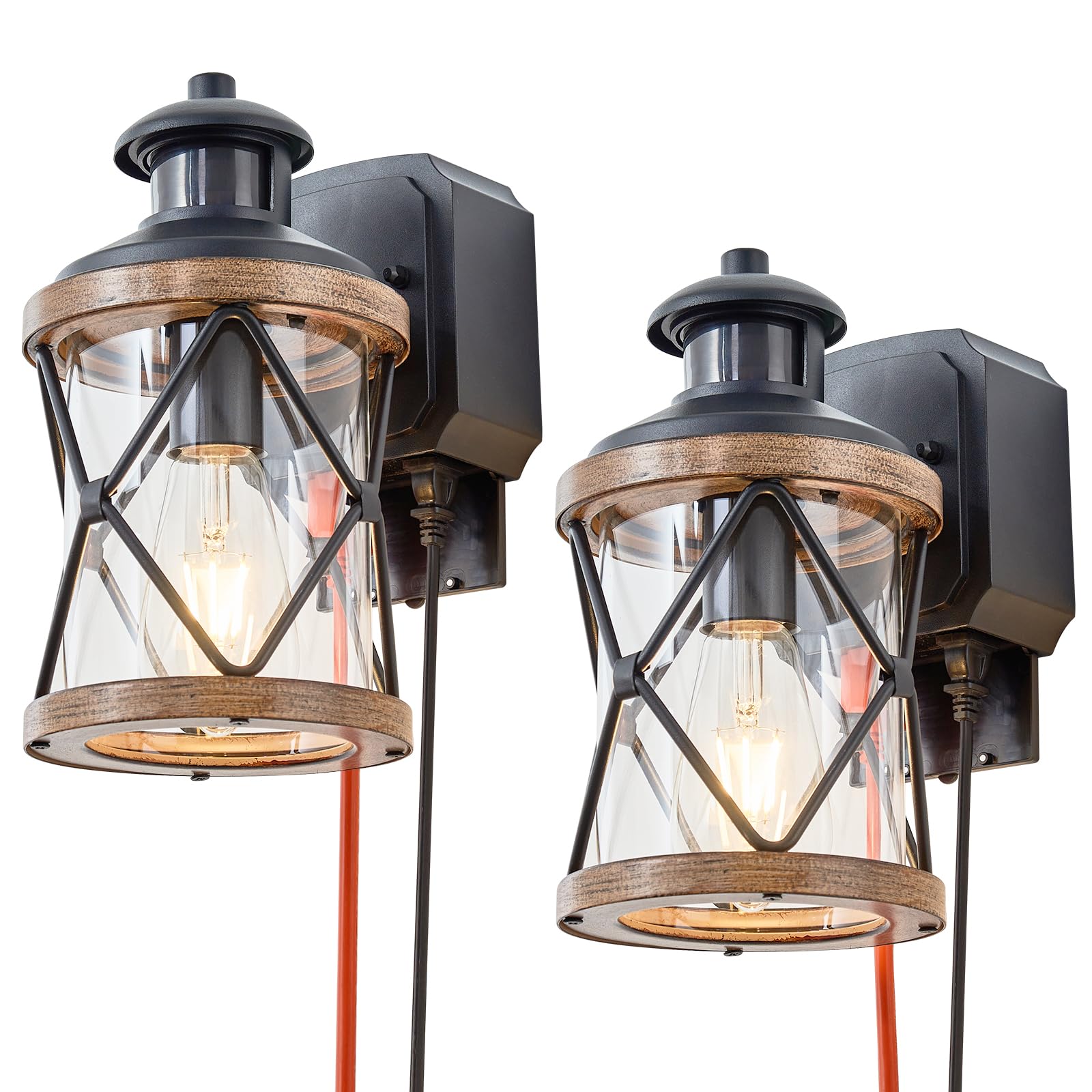 Dusk To Dawn Motion Sensor Outdoor Porch Light With Gfci Outlet 3 Lighting Modes Anti-Rust Waterproof Industrial Outdoor Lantern Ul Etl Listed Exterior Work Lights Rustic Wall Light (Round-2Pack)