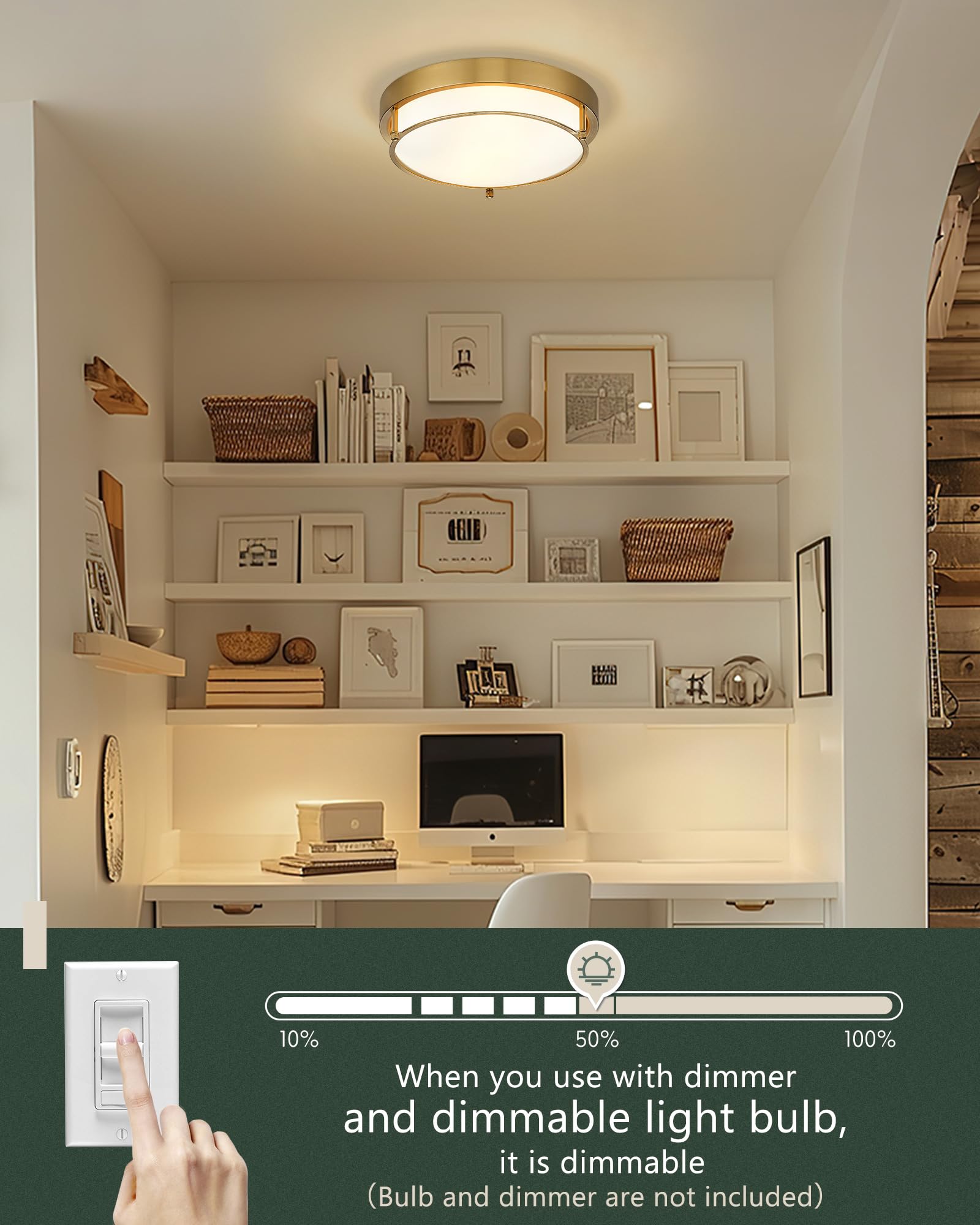 Cargifak 12 Inch Flush Mount Light Fixture, 2-Light Polished Gold Ceiling Light for Hallway, Kitchen, Bedroom - Model CKCL4822-2W-PG