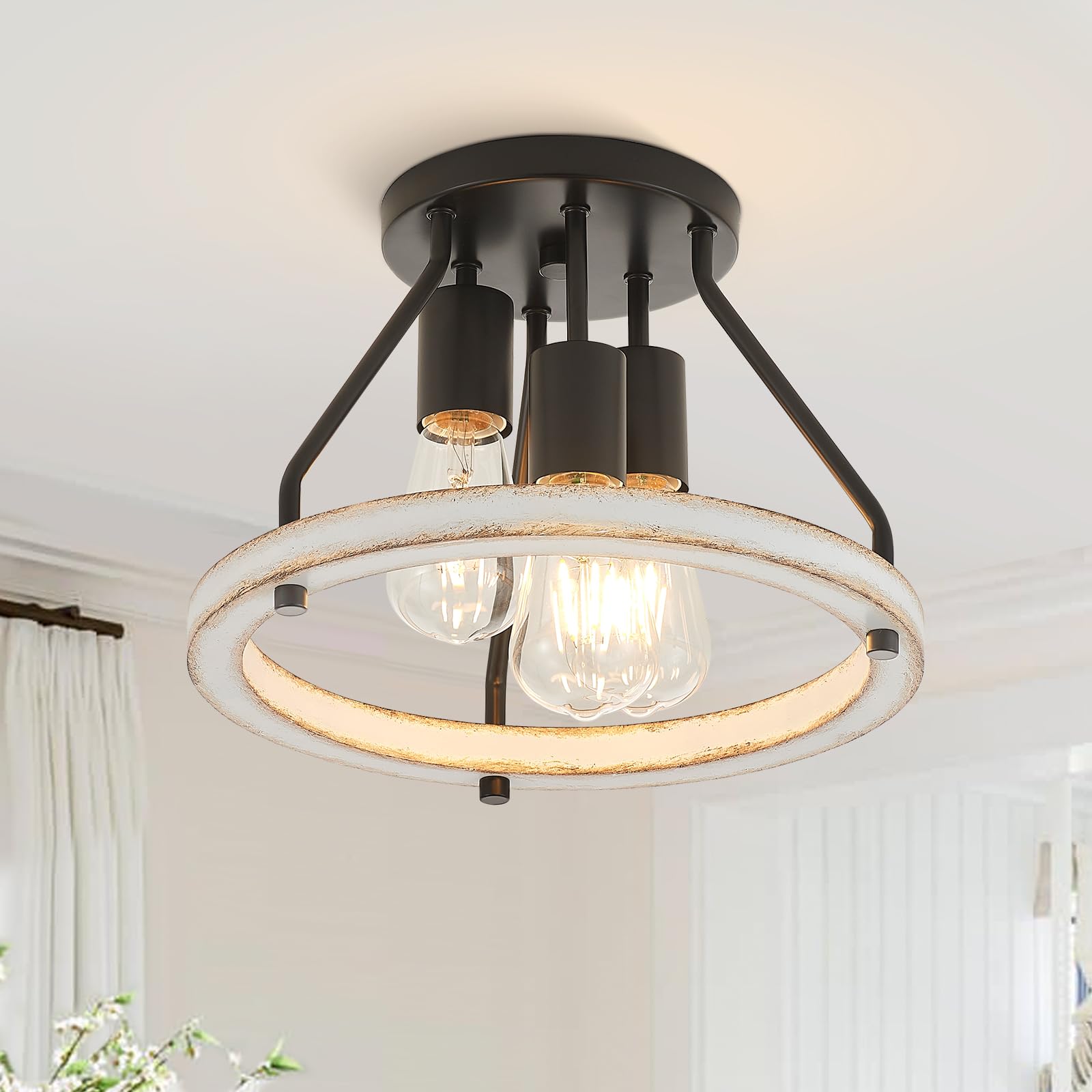 Rustic Flush Mount Ceiling Light Fixture With Oak White Wood Circle Shade Farmhouse Mini Semi Ceiling Lamps For Hallway Entryway