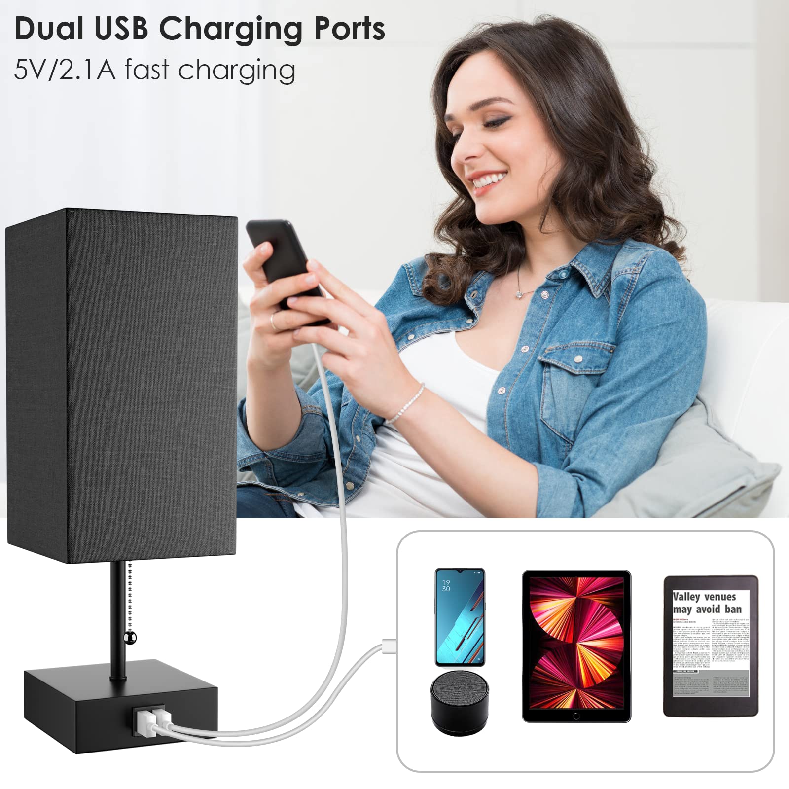 Ggoying Usb Bedside Table Lamp, Pull Chain Nightstand Table Lamp With 2700K Led Bulb, Black Fabric Linen Lampshade, Usb C+A Char