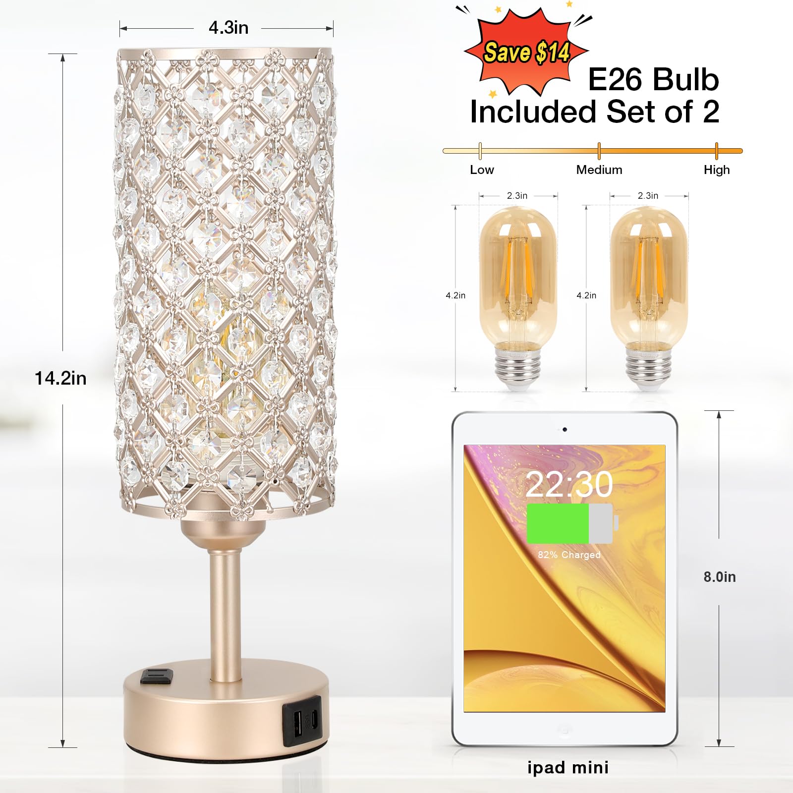 Touch Table Lamps For Bedrooms Set Of 2-3 Way Dimmable Champagne Gold Crystal Lamps With Crystal Shade, Bedside Nightstand Lamp
