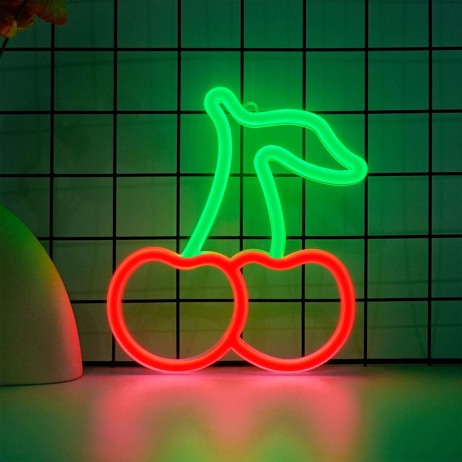 InnovTools Cherry Neon Sign - LED Wall Decor, USB/Battery Powered, Red Green Fruit Shape for Home, Bathroom, Living Room, Bar Decoration