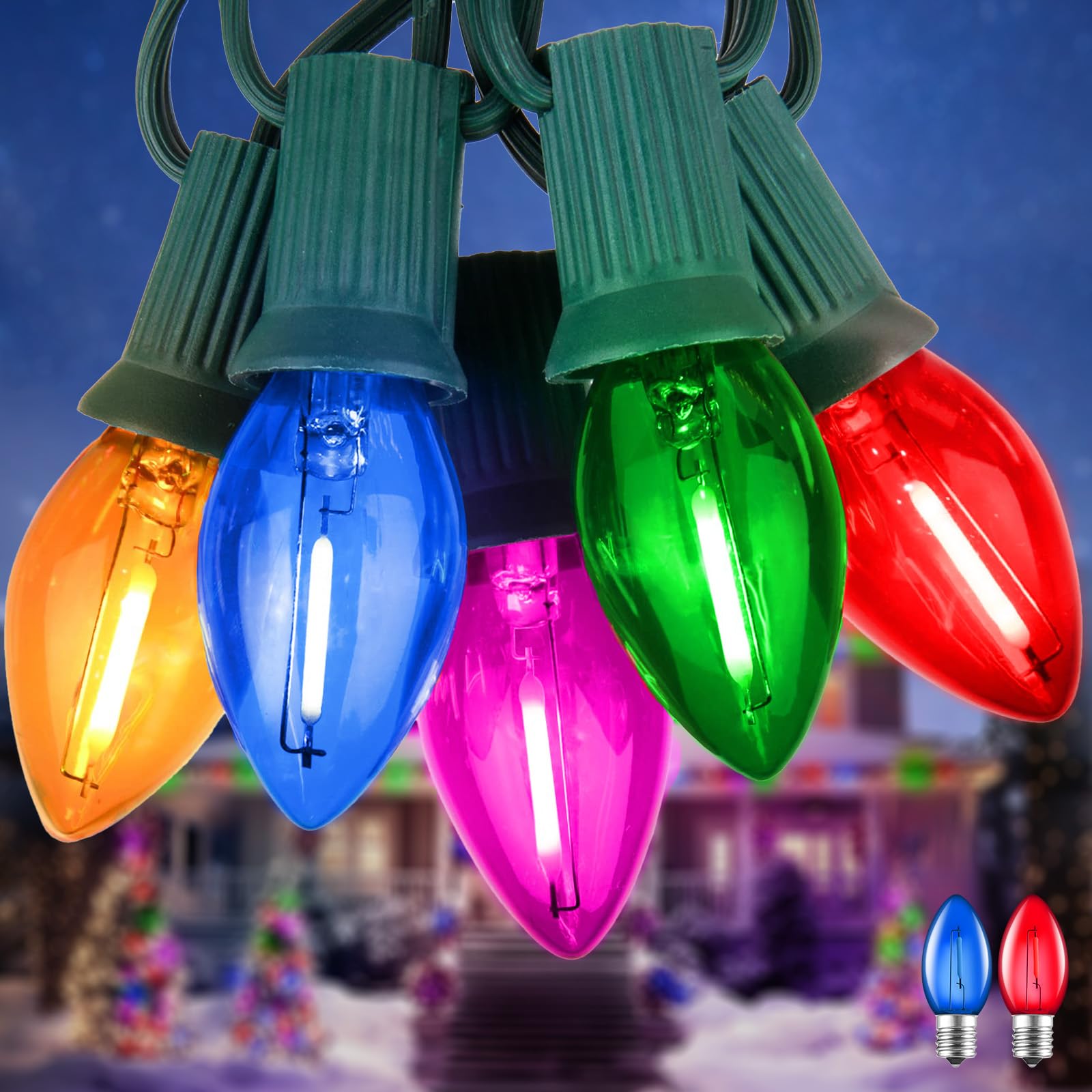 50FT C7 Multicolor Christmas Lights, C7 Vintage Christmas String Lights with 50+2 Plastic Bulbs(2 Spare), Weatherproof Hanging C