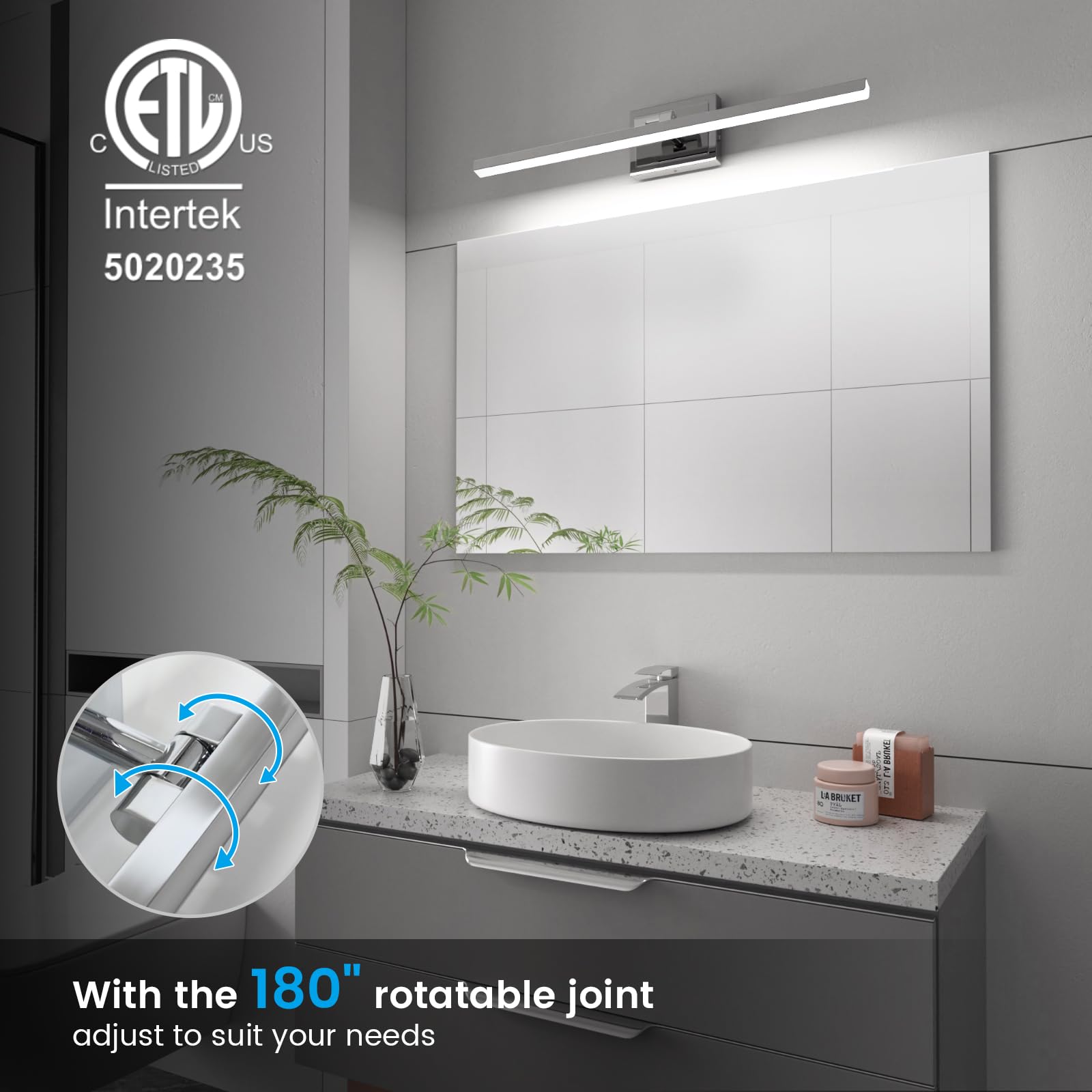 VOLISUN Bathroom Vanity Light Fixture, 31.5 inch, Rotatable, 18W Dimmable LED, Chrome, Model 21322ZM