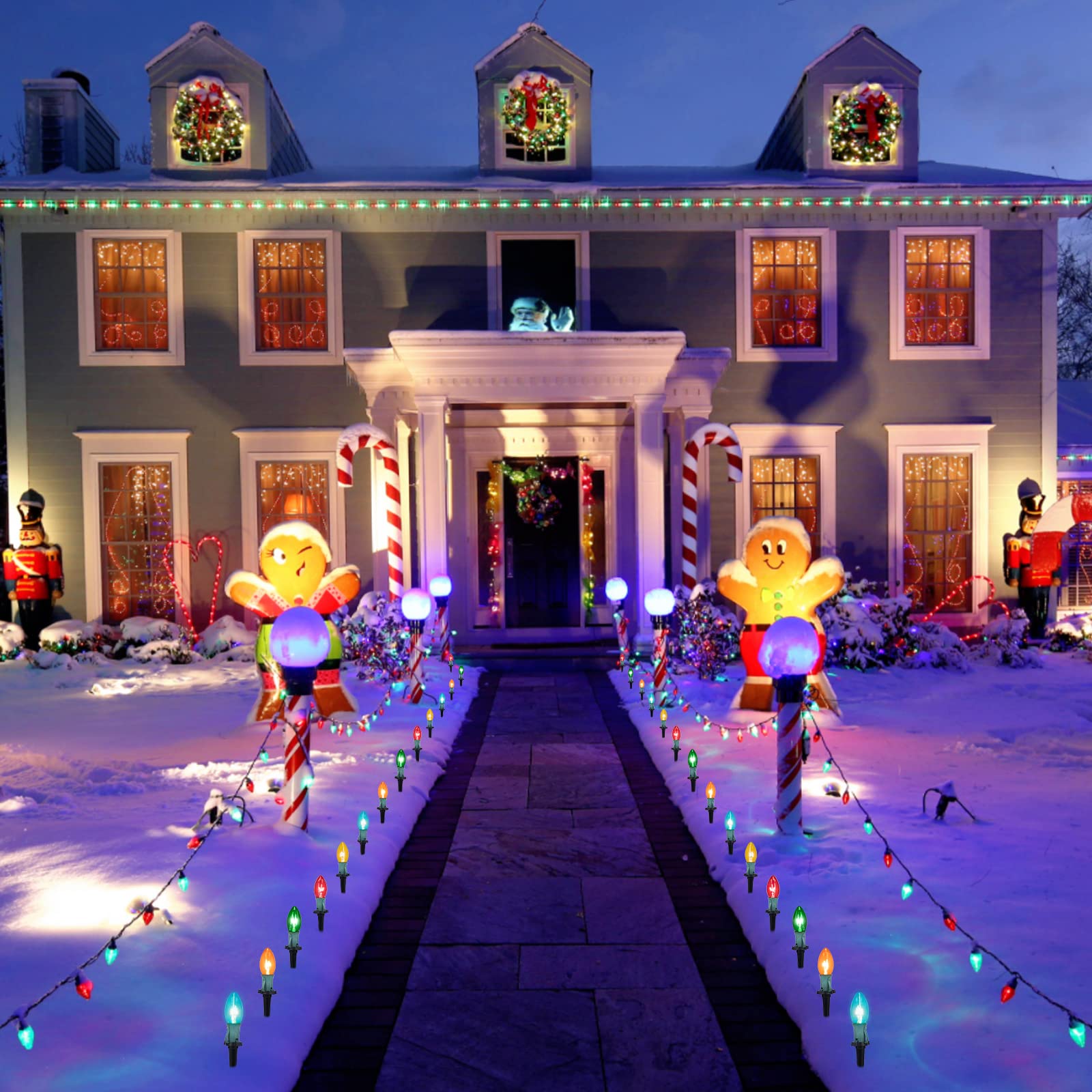 C9 Christmas Lights Outdoor, 4 Packs Total 103 Ft Christmas Pathway Lights With 80 Led Bulbs And Stakes, Connectable Outdoor Chr