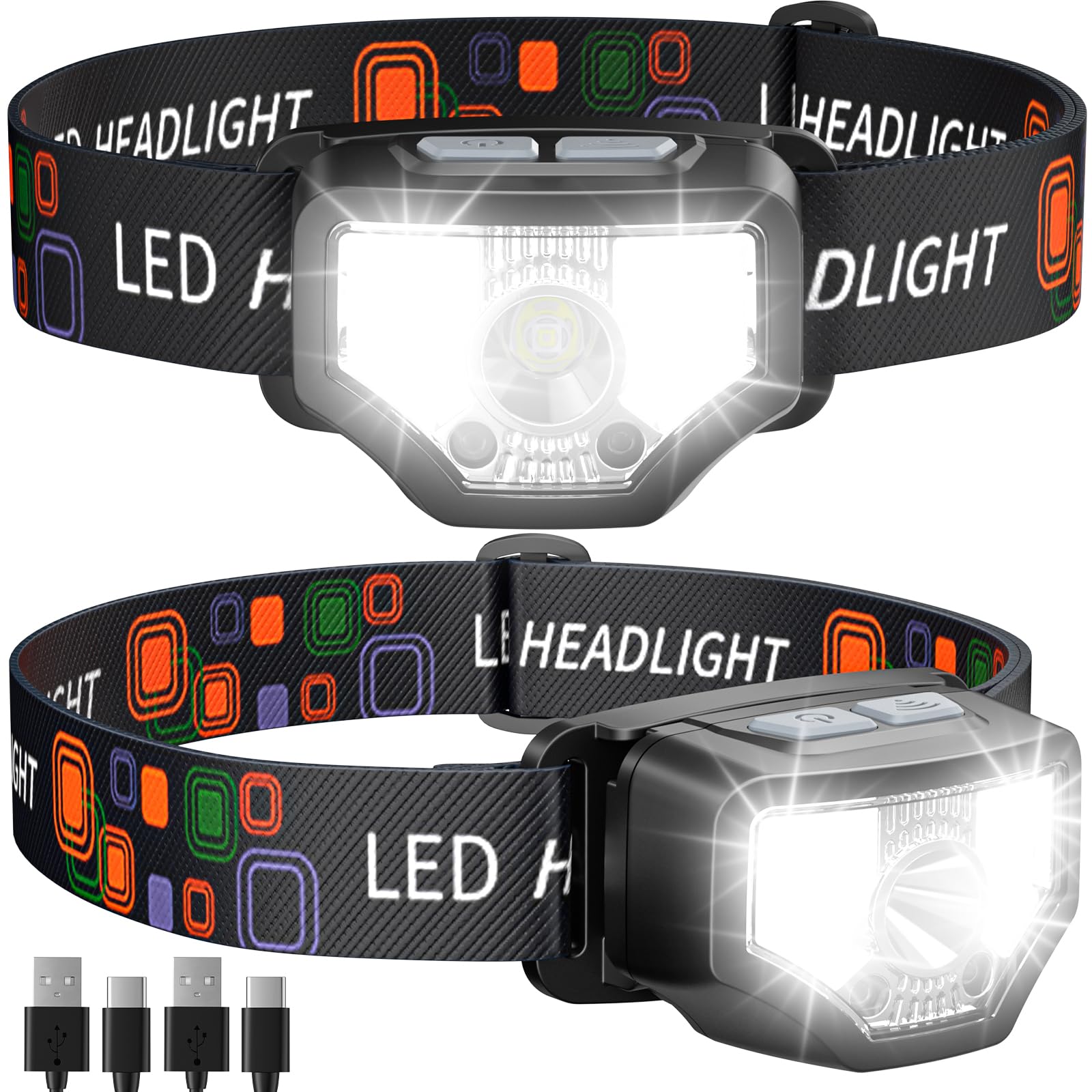 Getasi 1200 Lumen Rechargeable Headlamp 2-Pack - Waterproof Led Flashlight With Motion Sensor