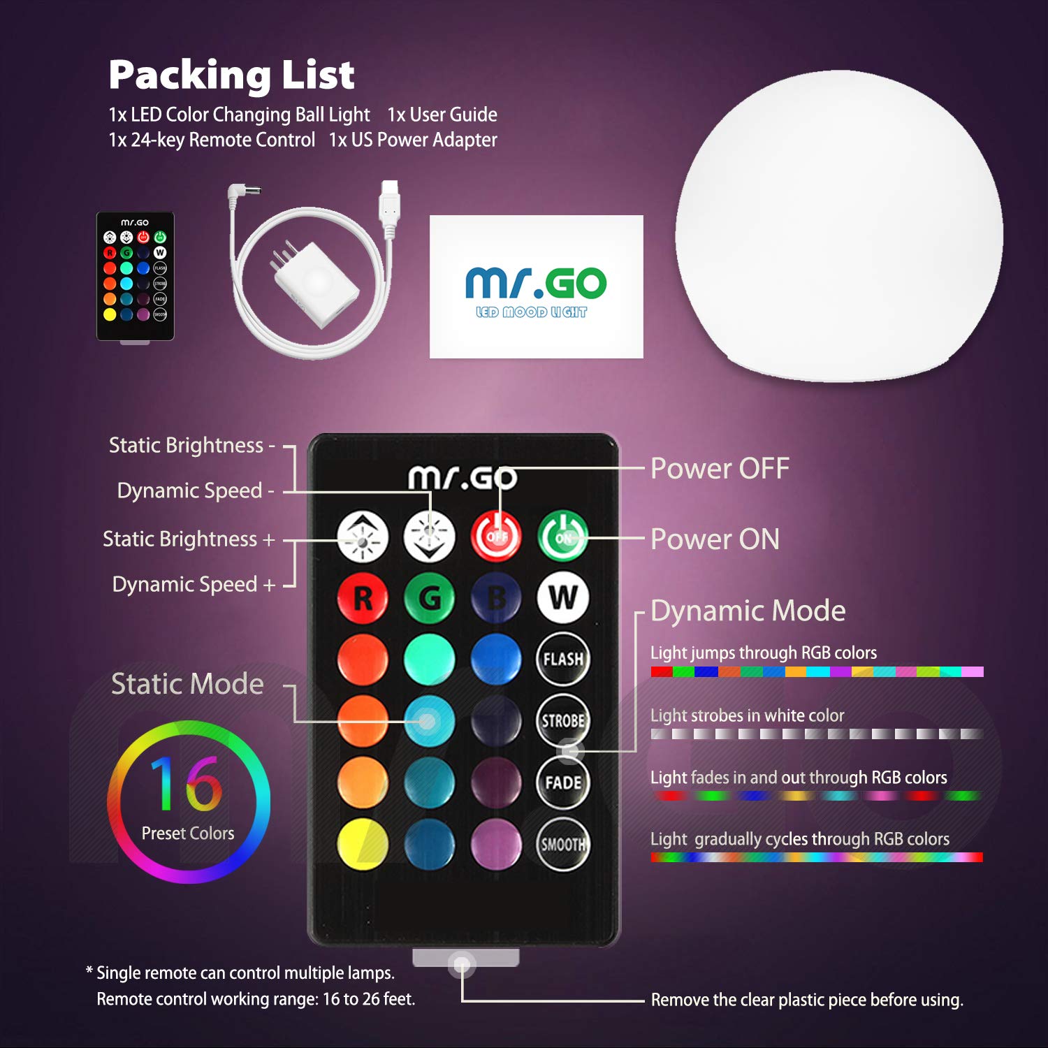 Mr.Go 20-inch Rechargeable LED Ball Light - Waterproof RGB Color Changing Globe with Remote, Cordless Dimmable Orb Lamp for Indoor/Outdoor Use