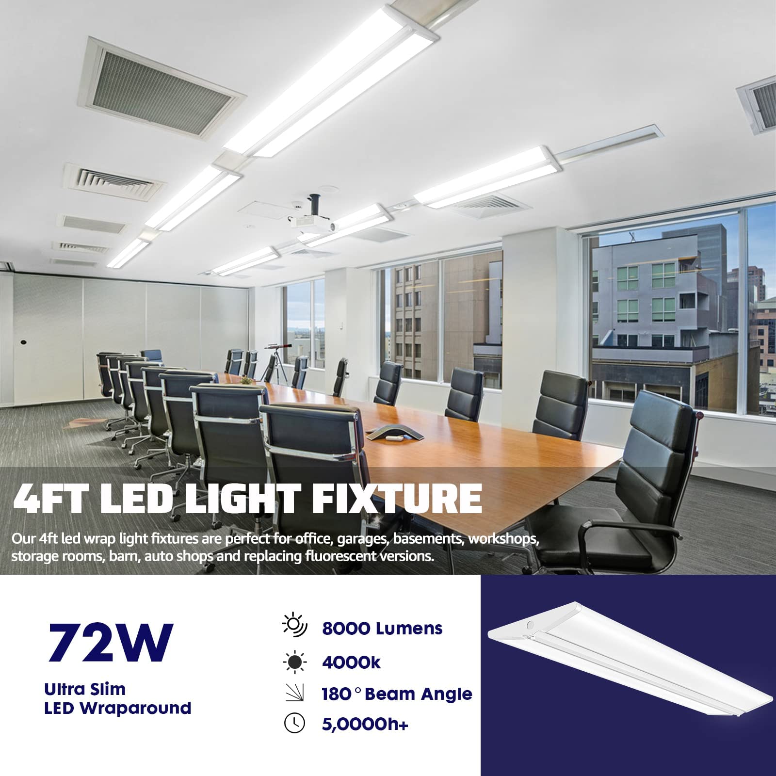 Antlux 72W 4Ft Led Wraparound Office Light Ultra Slim, 8000 Lumens, Led Garage Lights Flush Mount, 4000K, No Glare, 4 Foot Wrap
