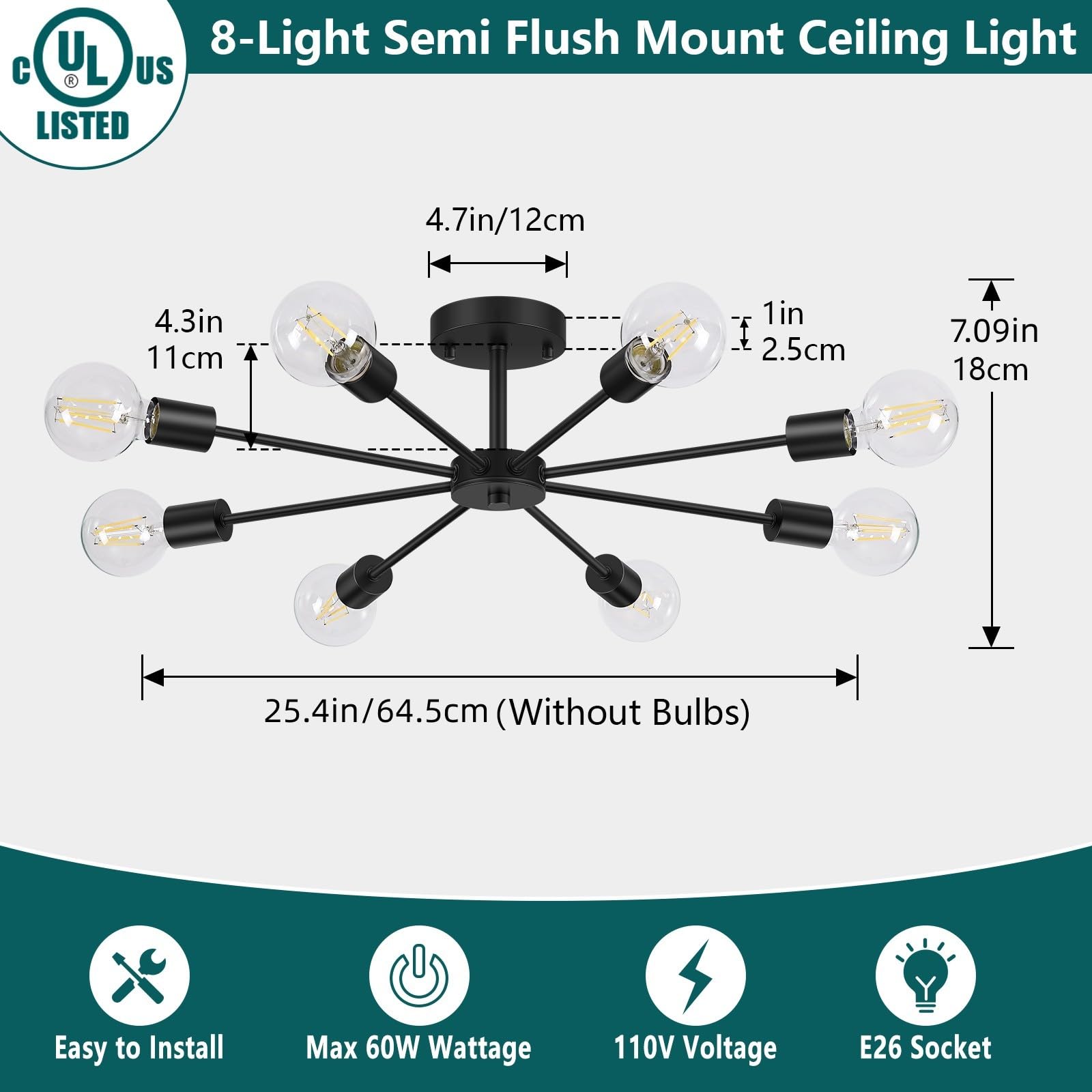 Lomoky 8-Lights Semi Flush Mount Ceiling Light, Matte Black, Metal, Modern Design