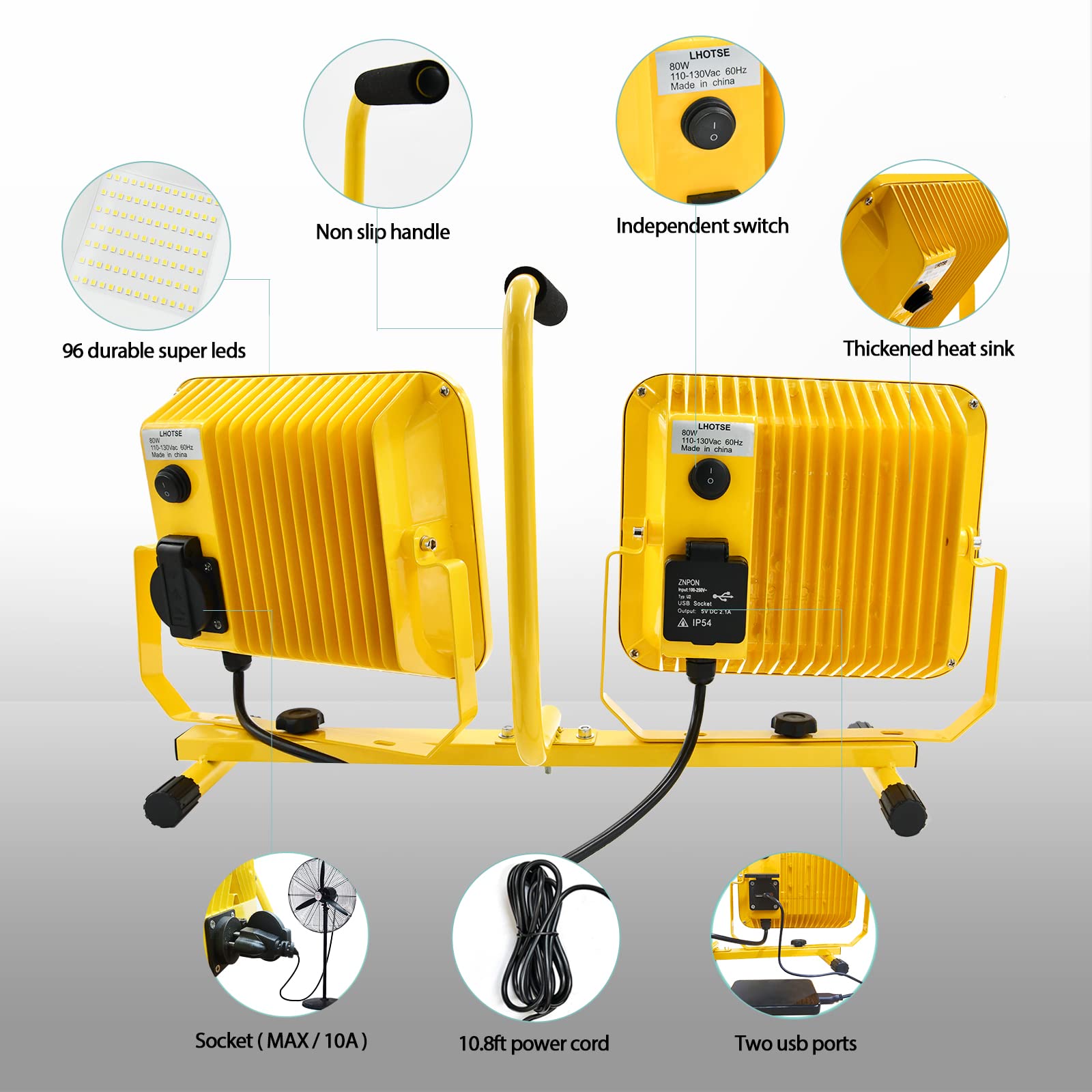 25000 Lumen Work Lights With Stand, Dual Head Led Work Light With Usb & Socket, Waterproof Portable Lights With Individual Switch, Led Flood Light With 72 Inch Adjustable Metal Telescoping Tripod