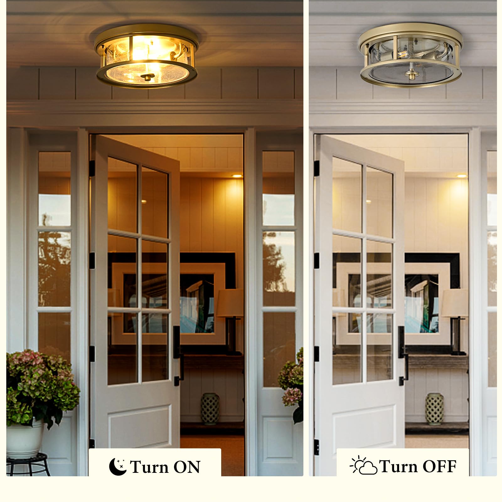 Odorpower Gold Flush Mount Ceiling Light Fixture With Glass Brass Ceiling Light Fixture For Bedroom, Indoor Outdoor Ceiling Lights For Porch Hallway Kitchen