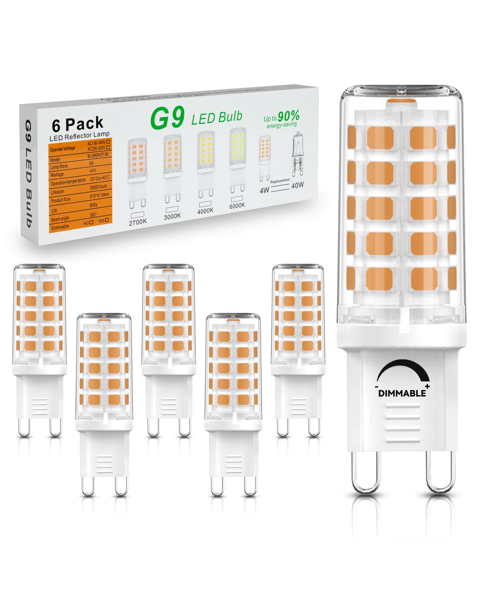6 Pack G9 Led Bulbs Dimmable, 2700K Soft Warm White, 4W (40W Halogen Equivalent), Bi-Pin G9 Base, 120V 400 Lumens, 360 Beam Angl