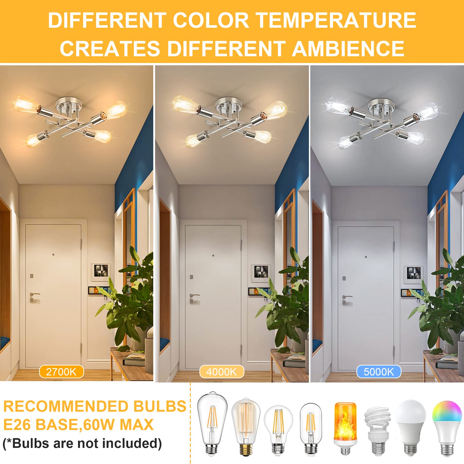 Sunrider 2-Pack Industrial 4-Light Semi Flush Mount Ceiling Light Fixture, Brushed Nickel, Silver Farmhouse Rustic Sputnik Chand