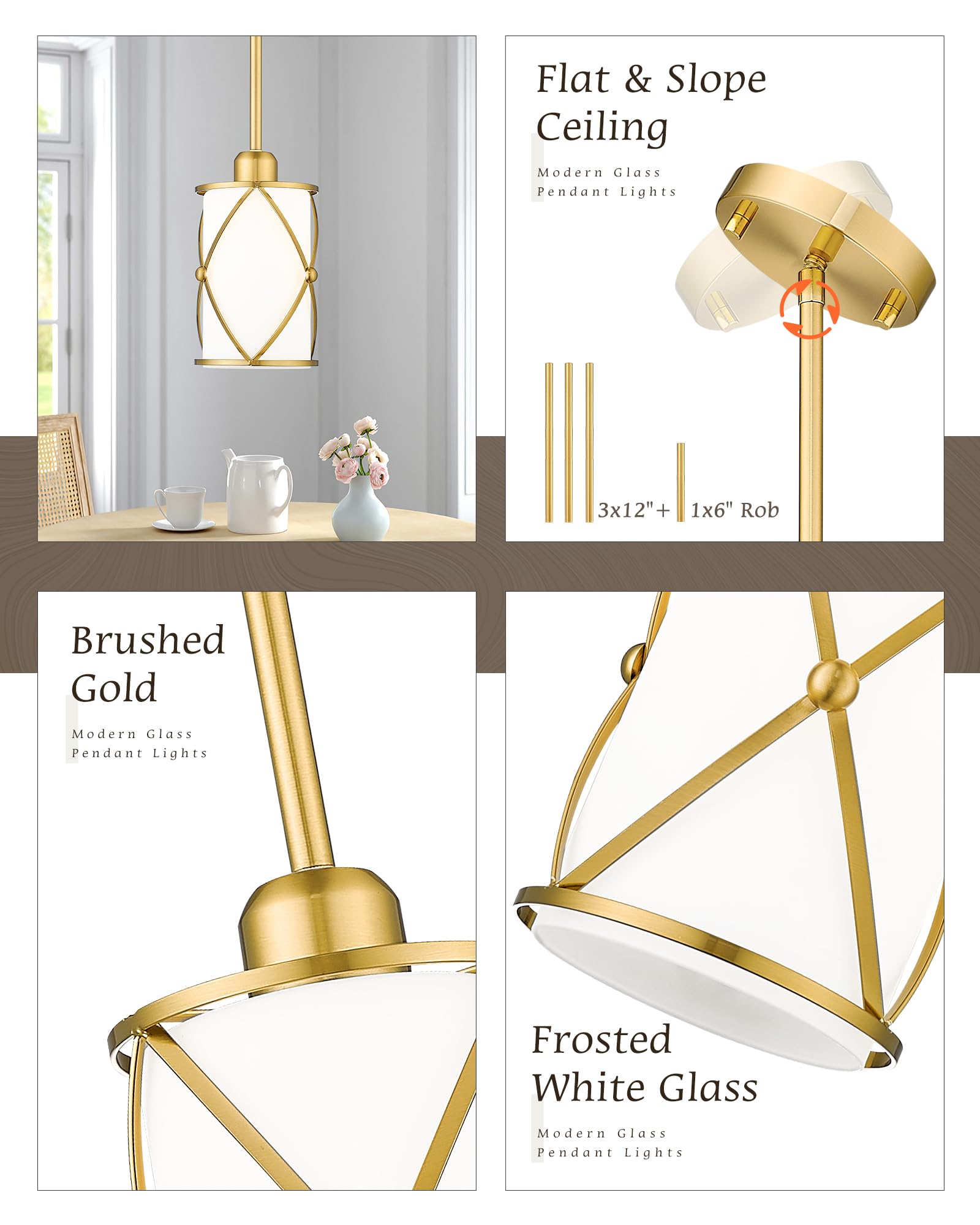 Osimir Brushed Gold Pendant Lights 3 Pack, Modern Milk Glass Hanging Light, 1-Light, CH9176BGW-3PK