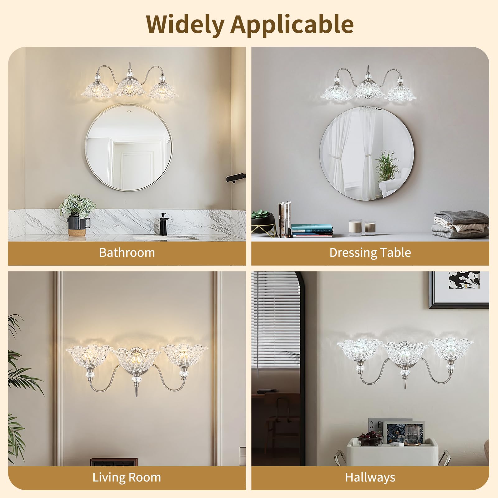 Sunkryster Brushed Nickel 3-Light Bathroom Vanity Light with Floral Glass Shades, Metal Wall Mount Lighting