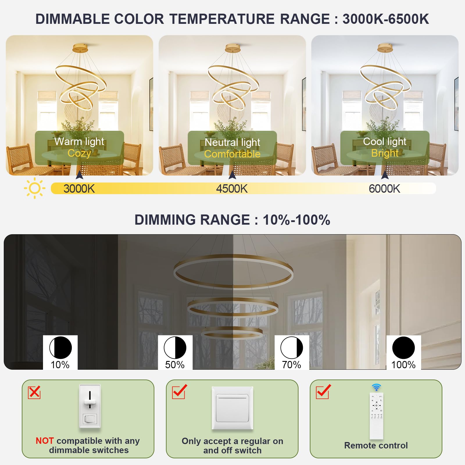 Benkut Modern LED Chandelier, 3 Ring Pendant Light, Dimmable, Gold, Remote Control, Model BK-P60-3GDC1