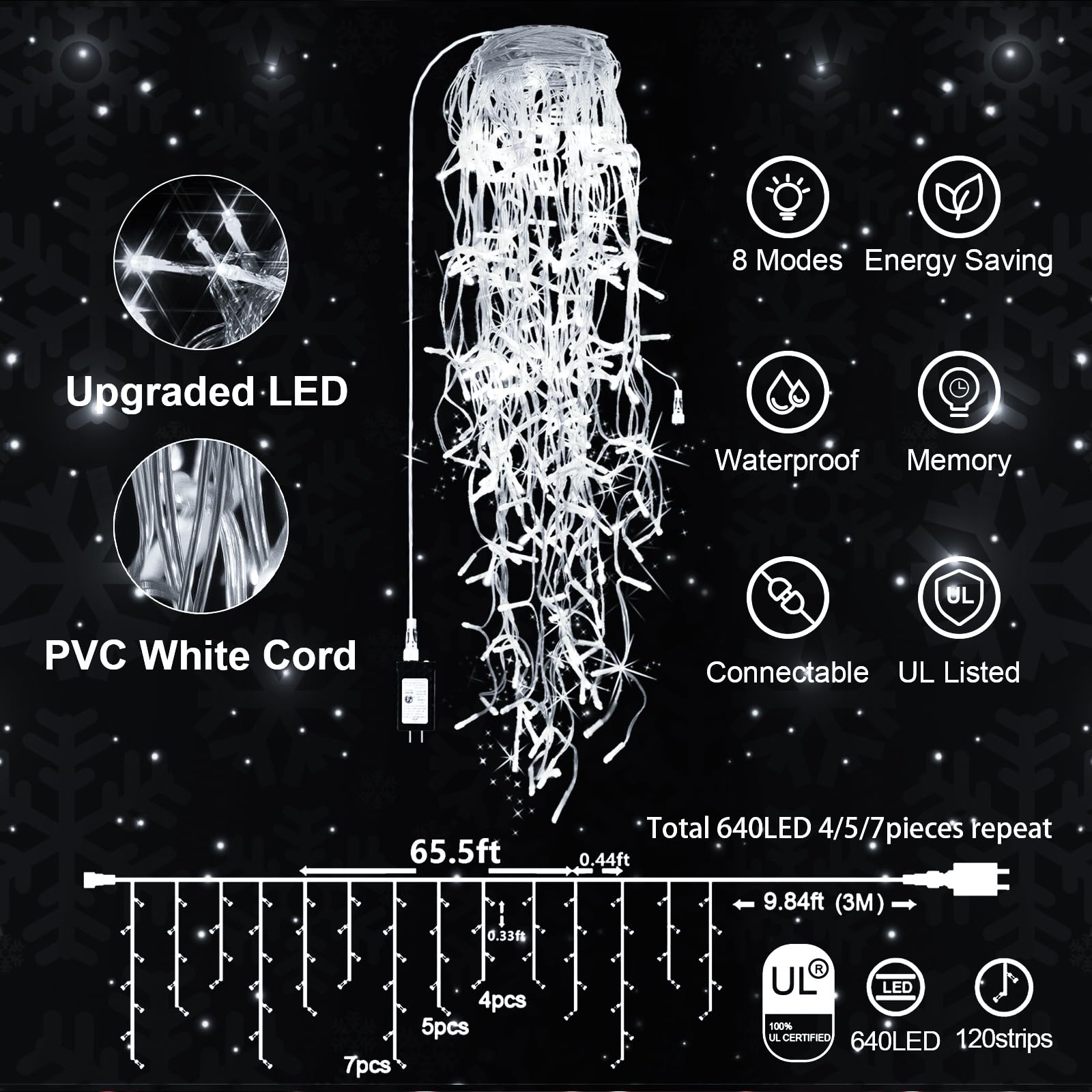 Jxledayy 65Ft 640 Led Cool White Outdoor String Lights - 8 Modes, Waterproof, Timer