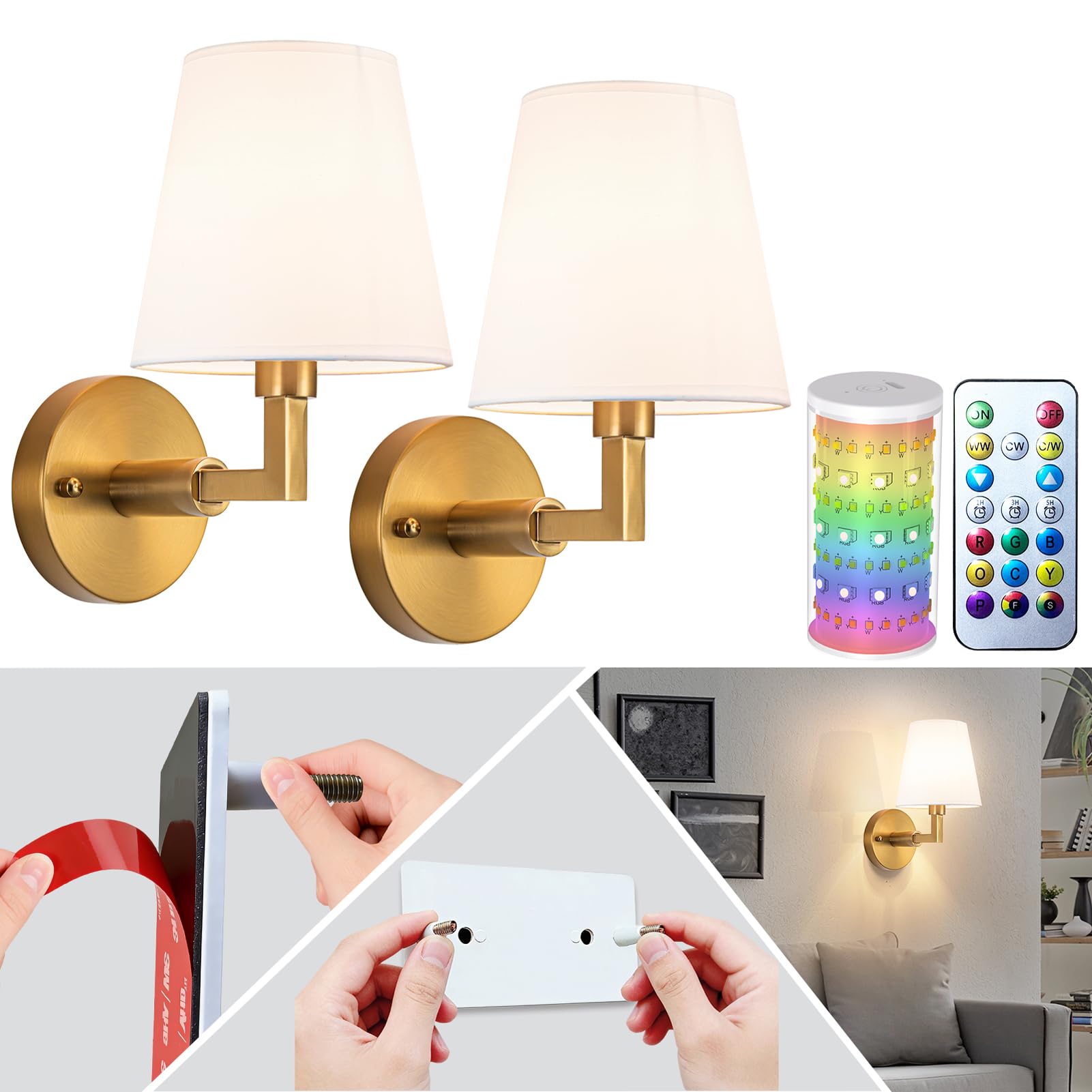 slywise Wall Sconces Battery Operated Set of Two,Wireless Rechargeable Wall Sconce 7 Color RGB USB Up to 50 Hours Use Time,Not H