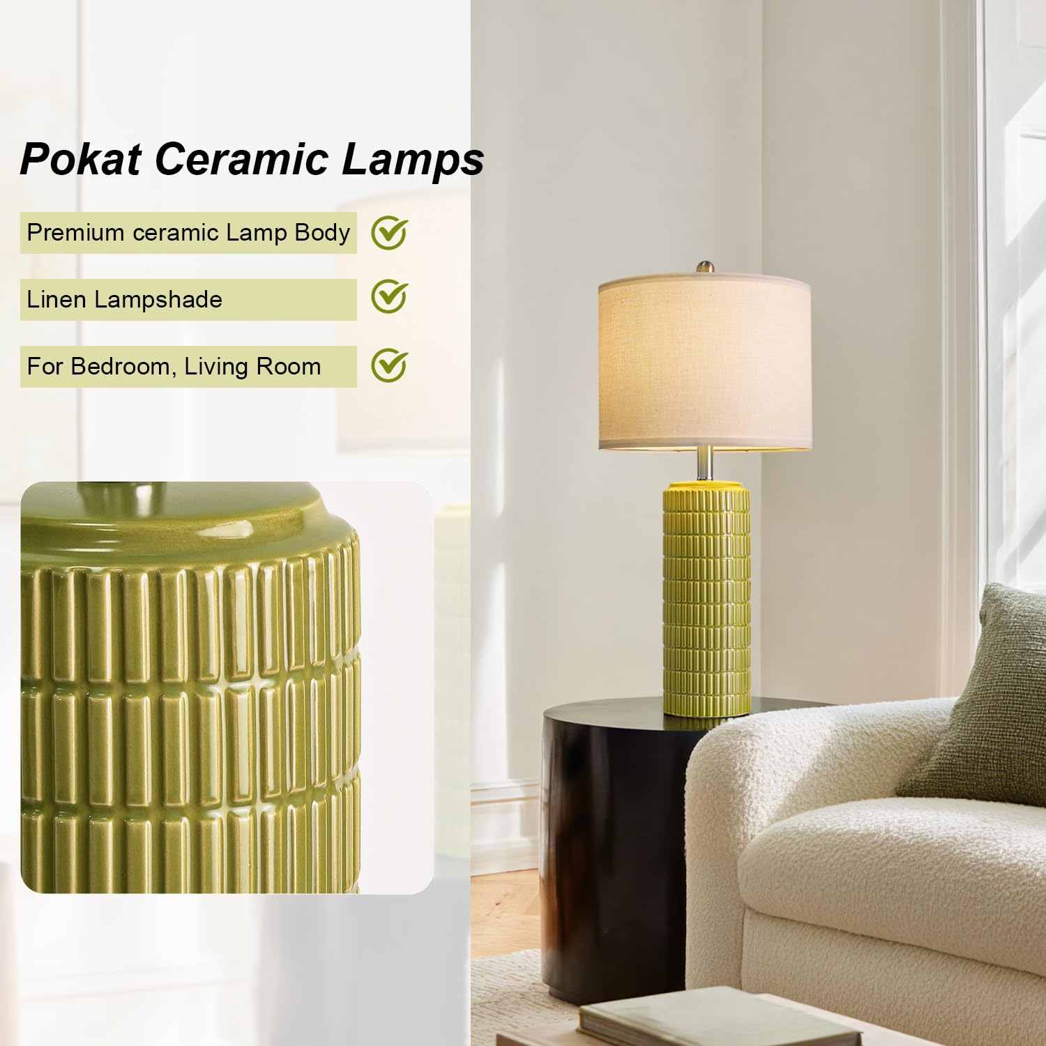 PoKat 27.5in  Tall Ceramic Table Lamps Set of 2, Retro Vintage Green, Modern Bedroom Nightstand Lighting, Model AMZ-T1102L-GR