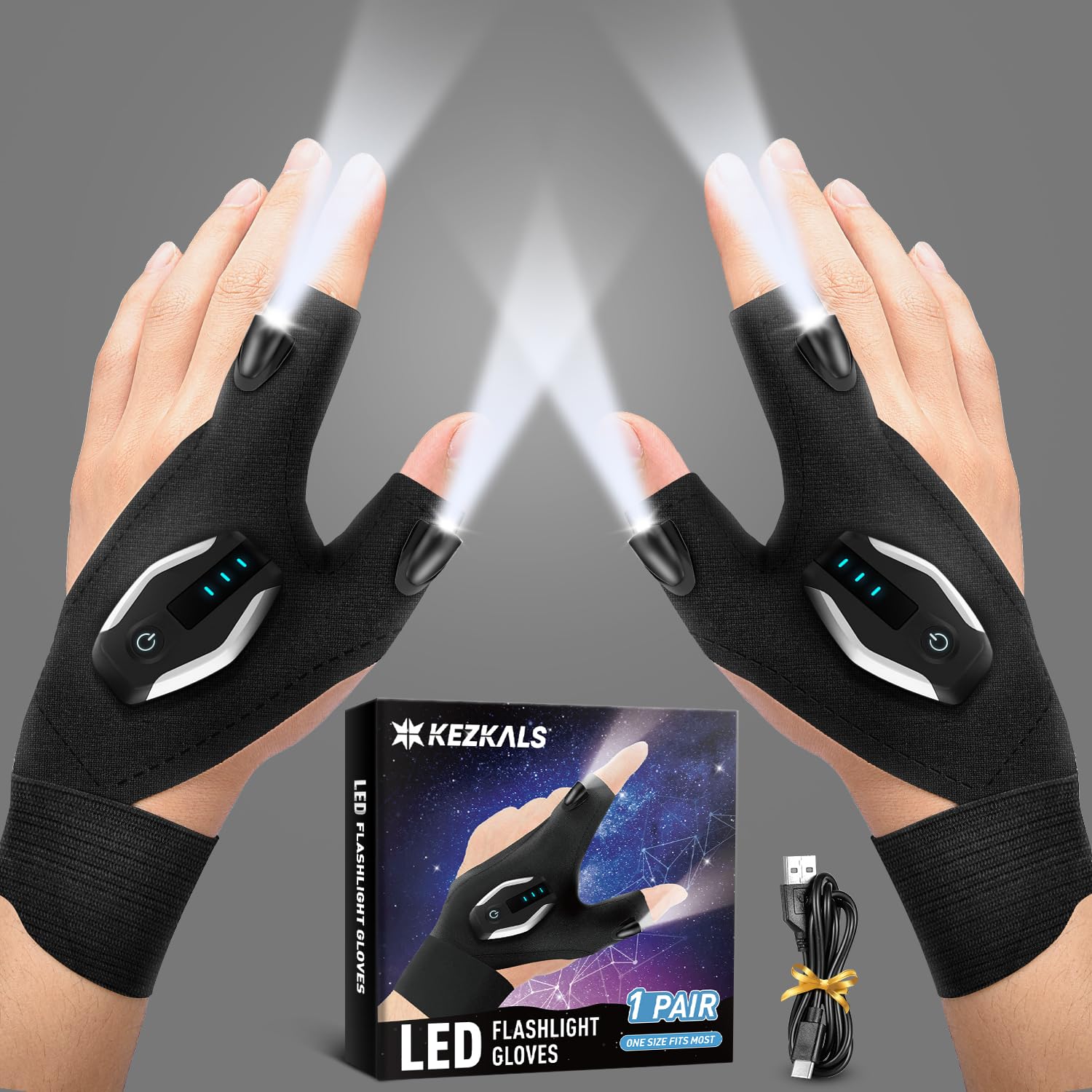 KEZKALS Rechargeable Flashlight Gloves for Men, Polyester, Cool Gadget, Model 1 - Perfect Gifts for Dads and Godfathers