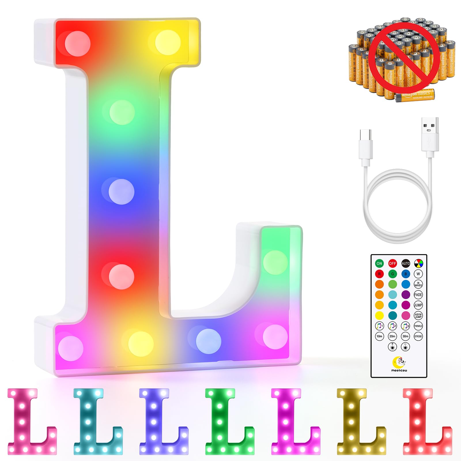 Mooncow Rechargeable Light Up Letters,Colorful Marquee Letters With Remote,Gift Wrap Gifts,Bedroom Home Bar Party Decor (L)