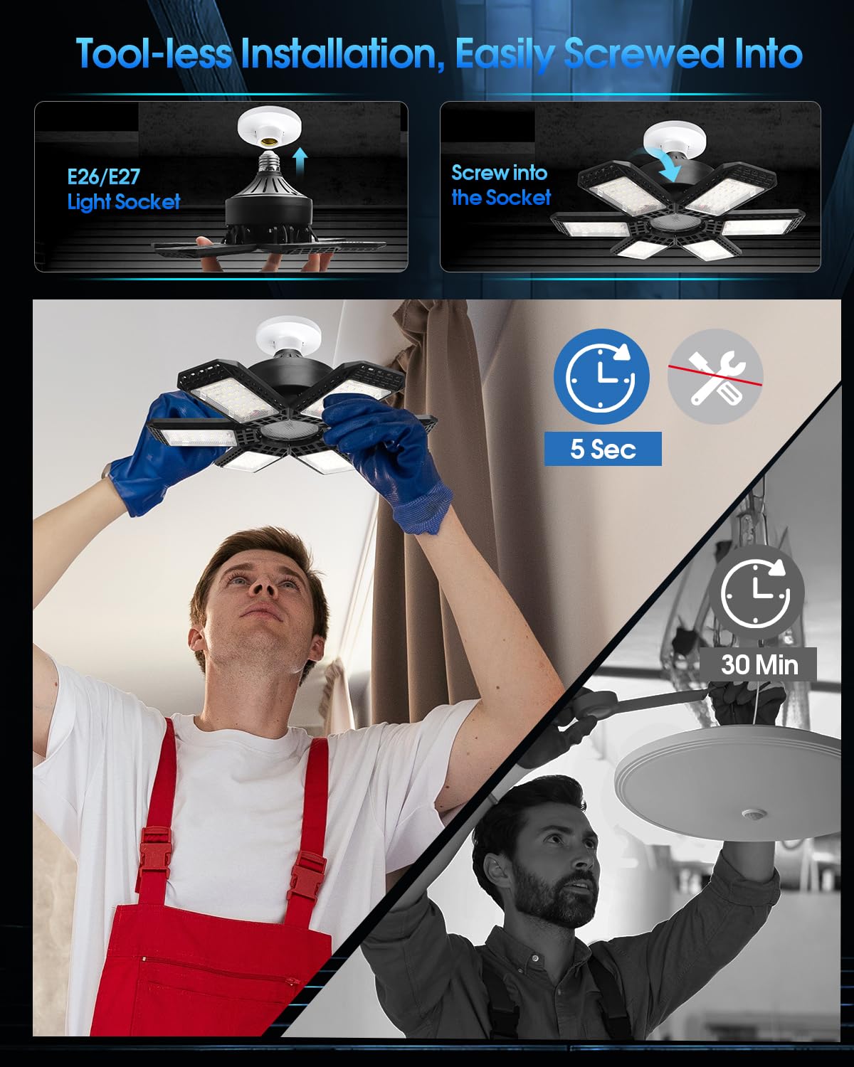 AUDLES 8 Pack LED Garage Light, 200W 20000LM, 6500K, Deformable Panels, E26/E27 Socket, Black