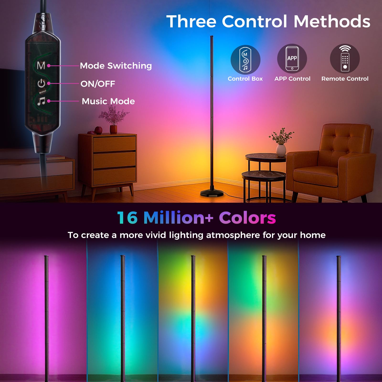 DomeStar Smart RGB Corner Floor Lamp, Alloy Steel, Medium, Multi Color, Model HR4031943, Music Sync, Remote Control