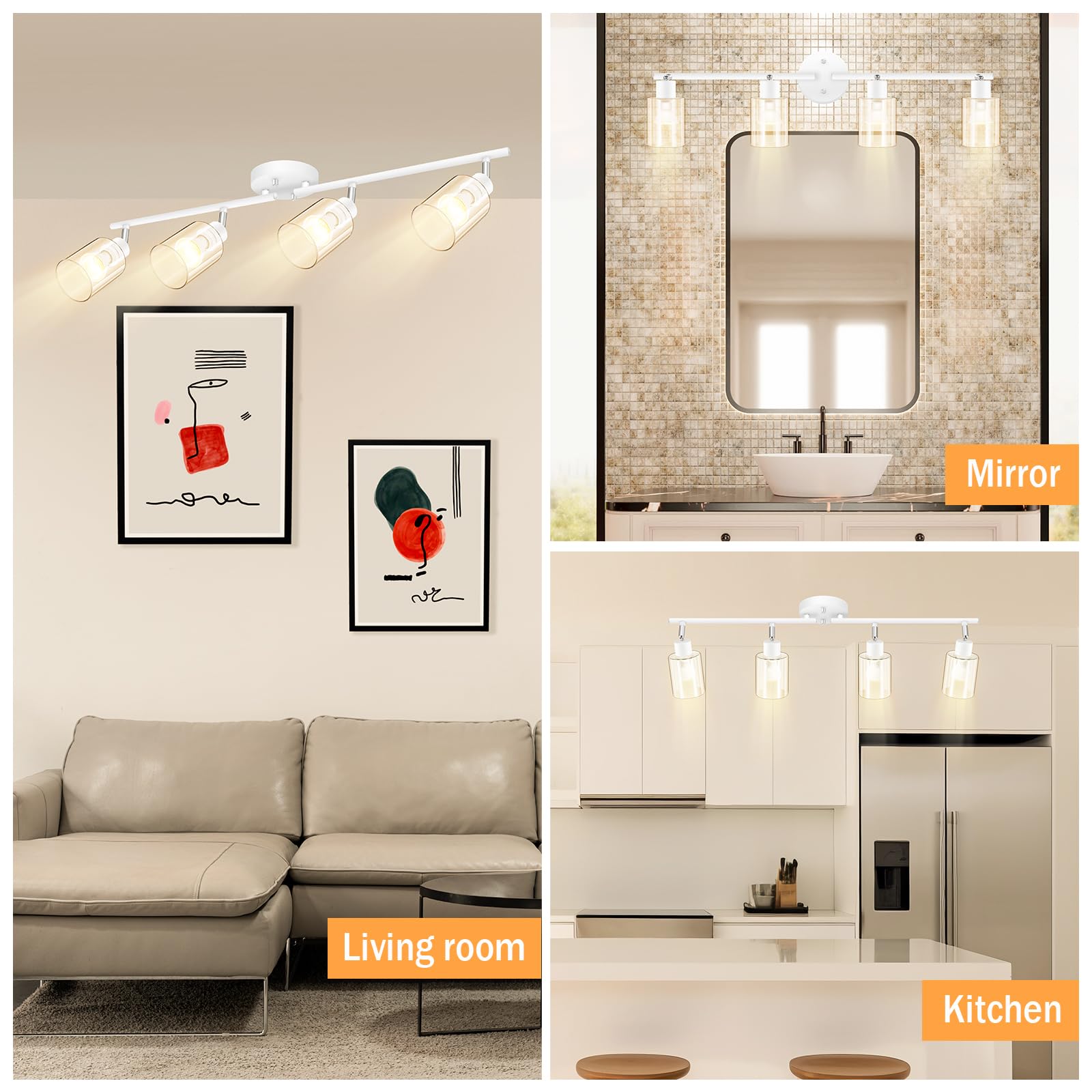 Boostarea 4-Light Bathroom Light Fixtures, White Modern Vanity Wall Lights With Clear Glass Shade, Flexibly Ceiling Light For Mi