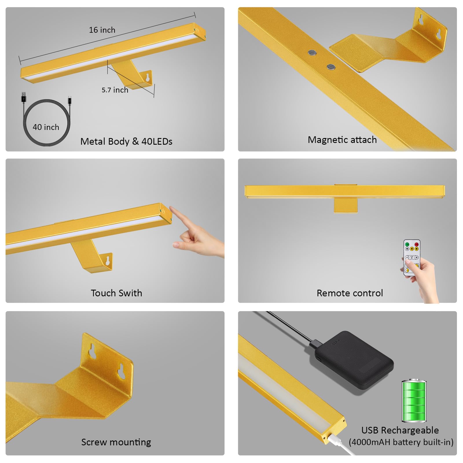 Mioblue Wireless Picture Lightswith Remote, Rechargeable Battery Art Display Light, Dimmable/Timer Off Dartboard Light, 16In Ful