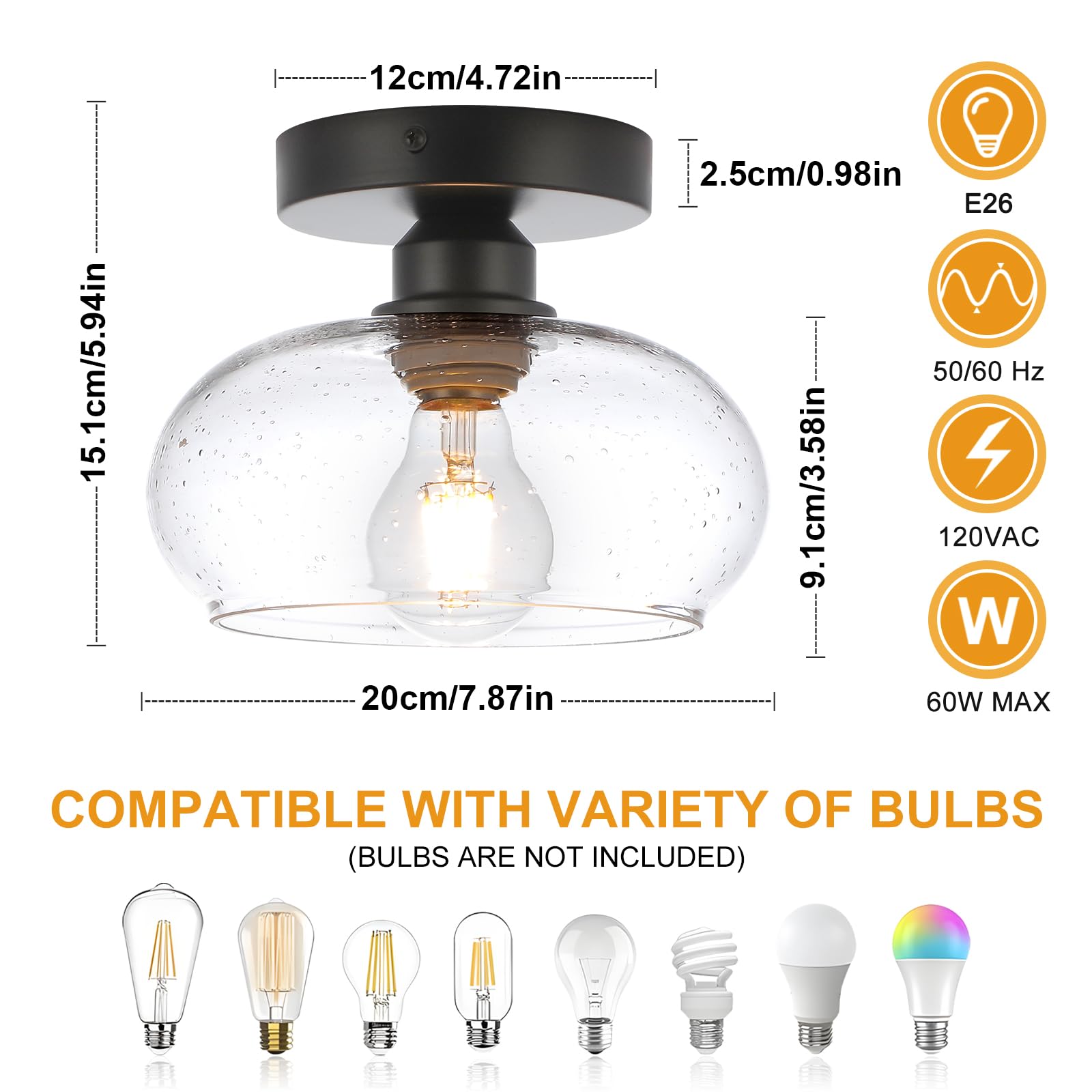 Wilon Industrial Semi Flush Mount Ceiling Light, Hallway Light Fixture With Glass Shade, Small Black Kitchen Ceiling Light Fixtu