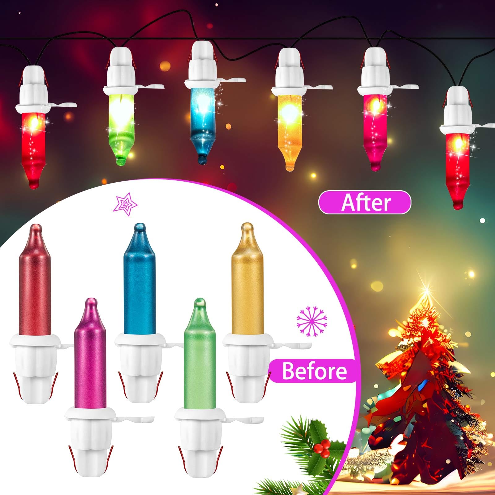 Mudder 60 Count Christmas Tree Replacement Light Bulbs 2.5V 0.425 Watt Replacement Bulb Mini Incandescent Wire String Lights Decoration For Prelit Xmas Tree (White Base With Pastel Color Bulb)