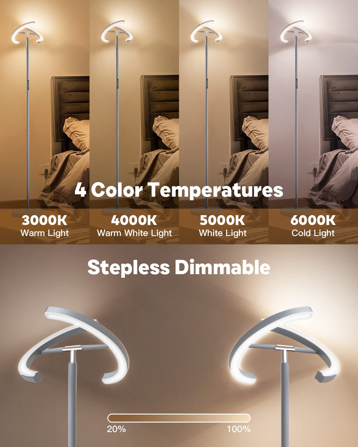 Sibrille Modern Dimmable Floor Lamp With Remote, 20W Led, Rotatable Uplighter For Living Room