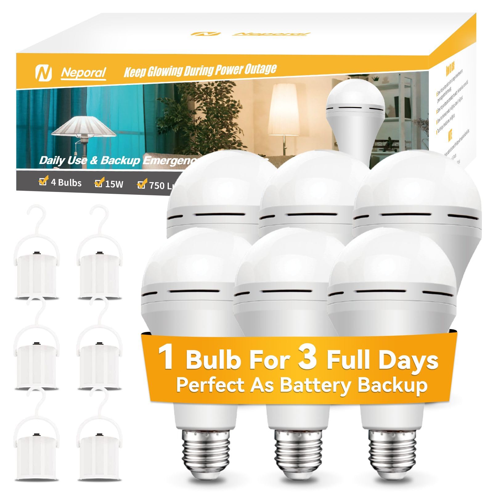 Neporal Emergency-Rechargeable-Light-Bulb, Stay Lights Up When Power Failure, 5W 80W Equivalent Led Light Bulbs For Home, Campin