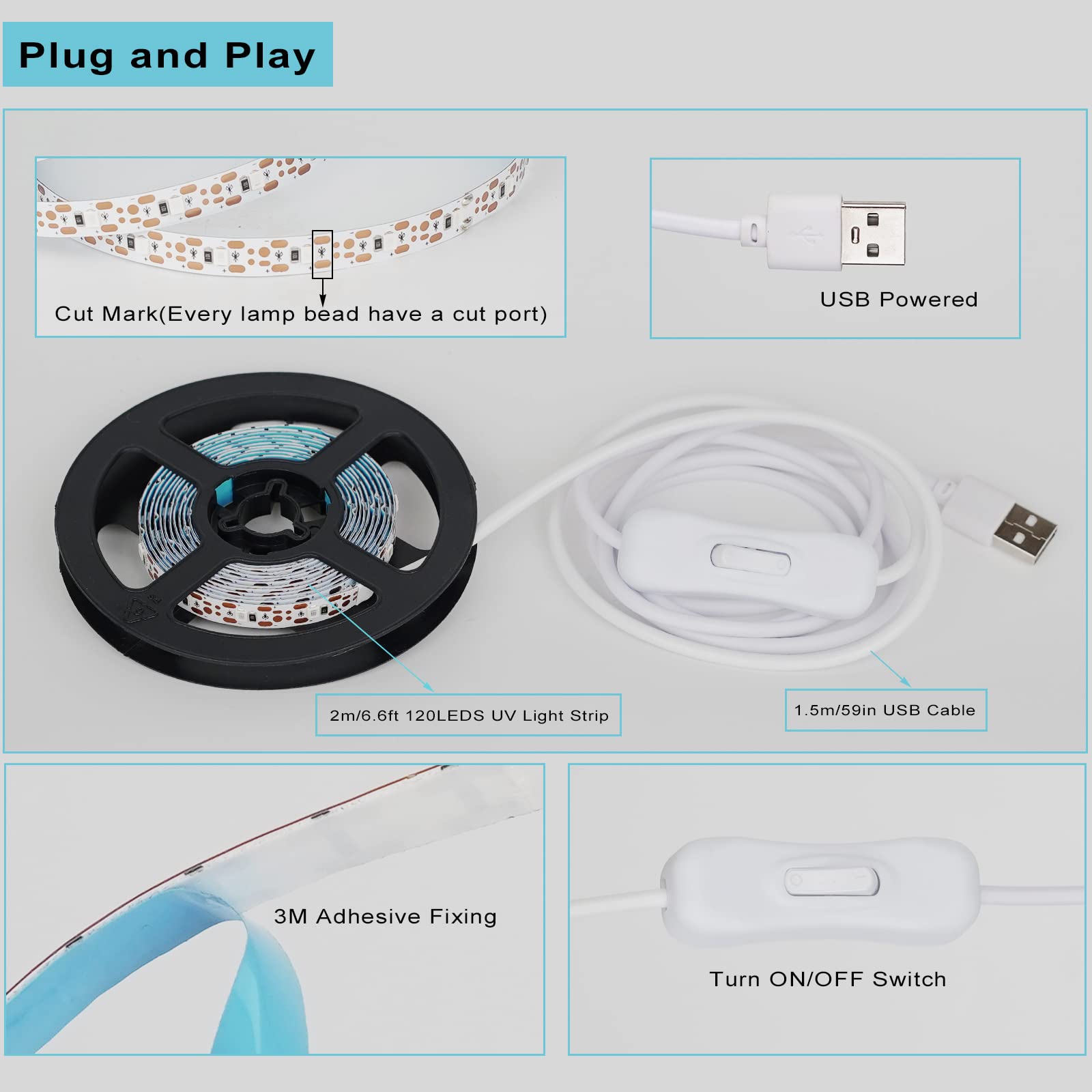 6.6Ft Black Light Led Strips, 120 Lamp Beads, Usb Cable 1.5M Led Black Light Strip Kit, Dc5V 10W Flexible Blacklight Strip Light