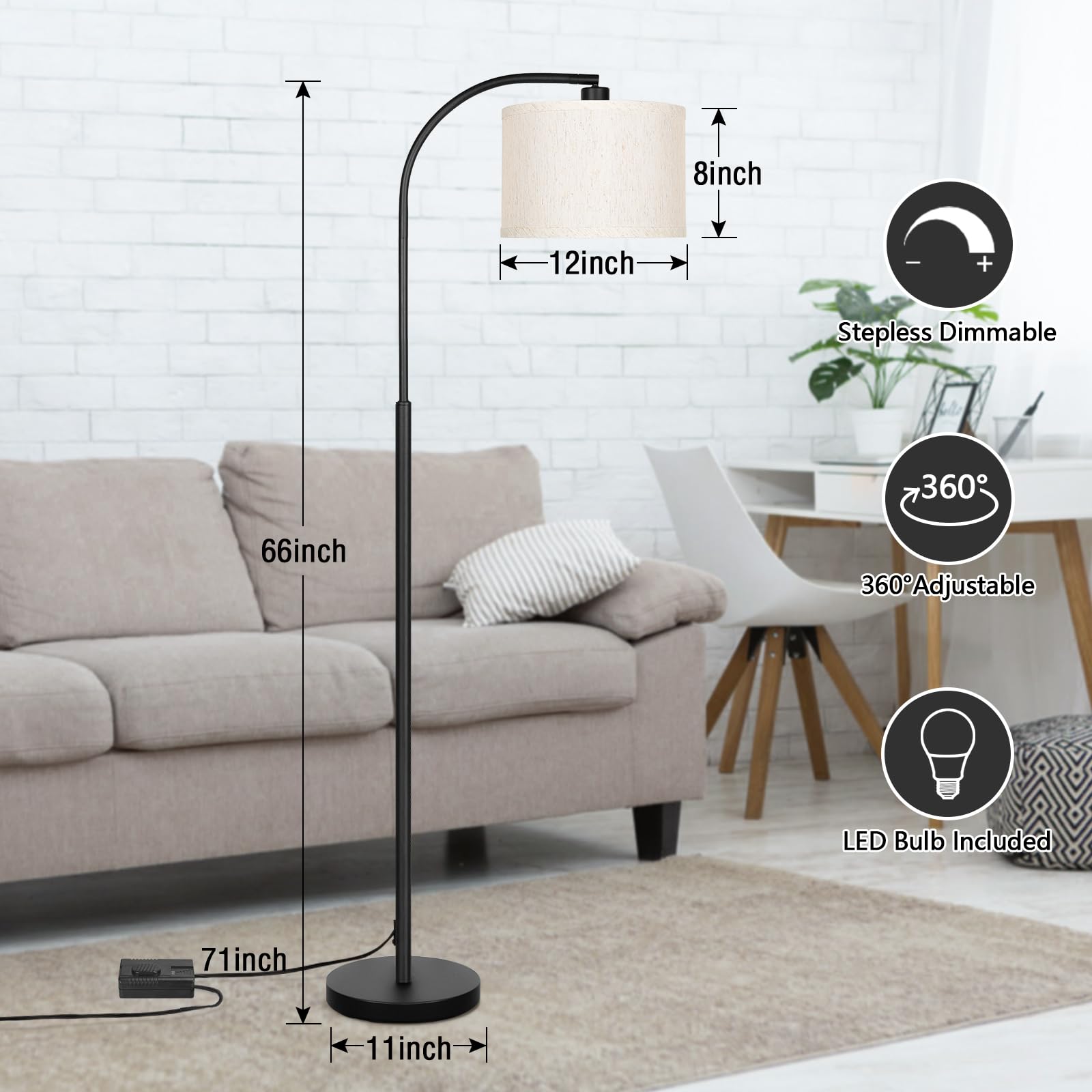 Boncoo Modern Floor Lamp For Living Room, Arc Floor Lamp With Adjustable Hanging Shade, Black Light With Pedal Switch For Bedroo