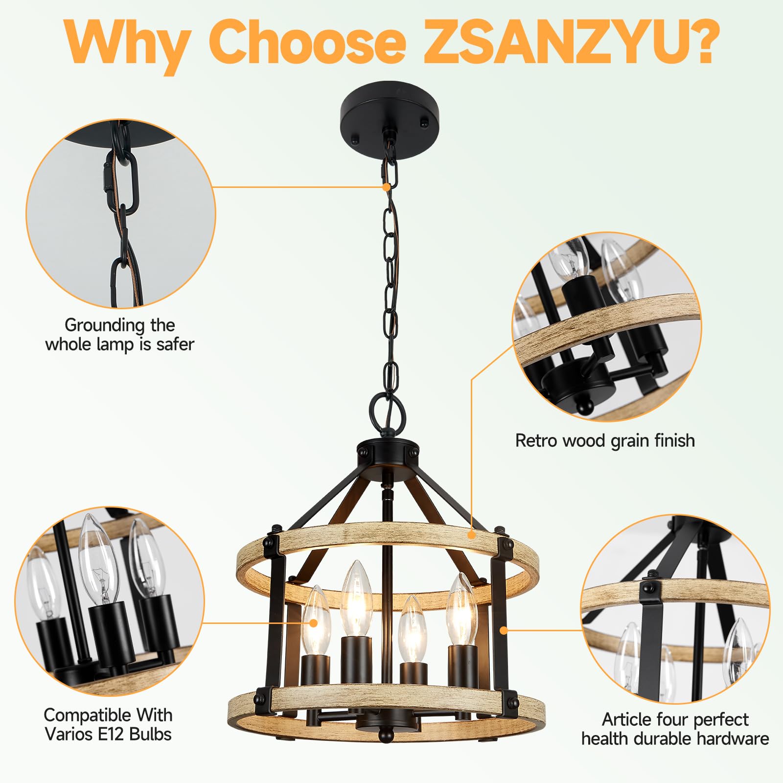 12.5'' Farmhouse Chandelier Light Fixtures, 4 Light Rustic Drum Chandeliers, Black+Wood-Look Finish Metal Industrial Chandelier