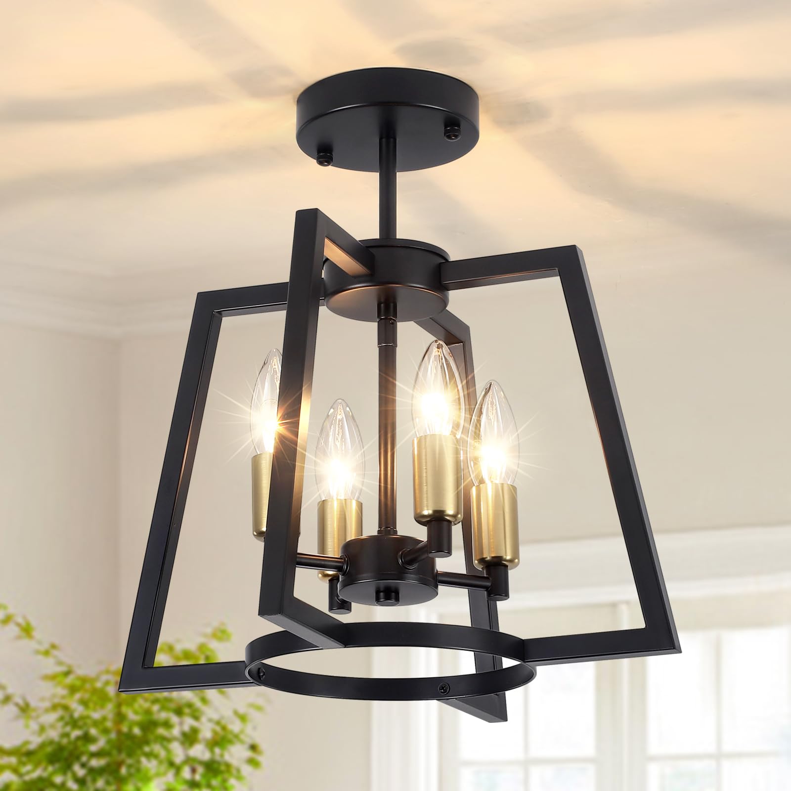 TOULMJ 4-Light Ceiling Light Fixture, Farmhouse Semi-Flush Mount Ceiling Lighting, Black Gold Kitchen Light Fixture for Foyer, H
