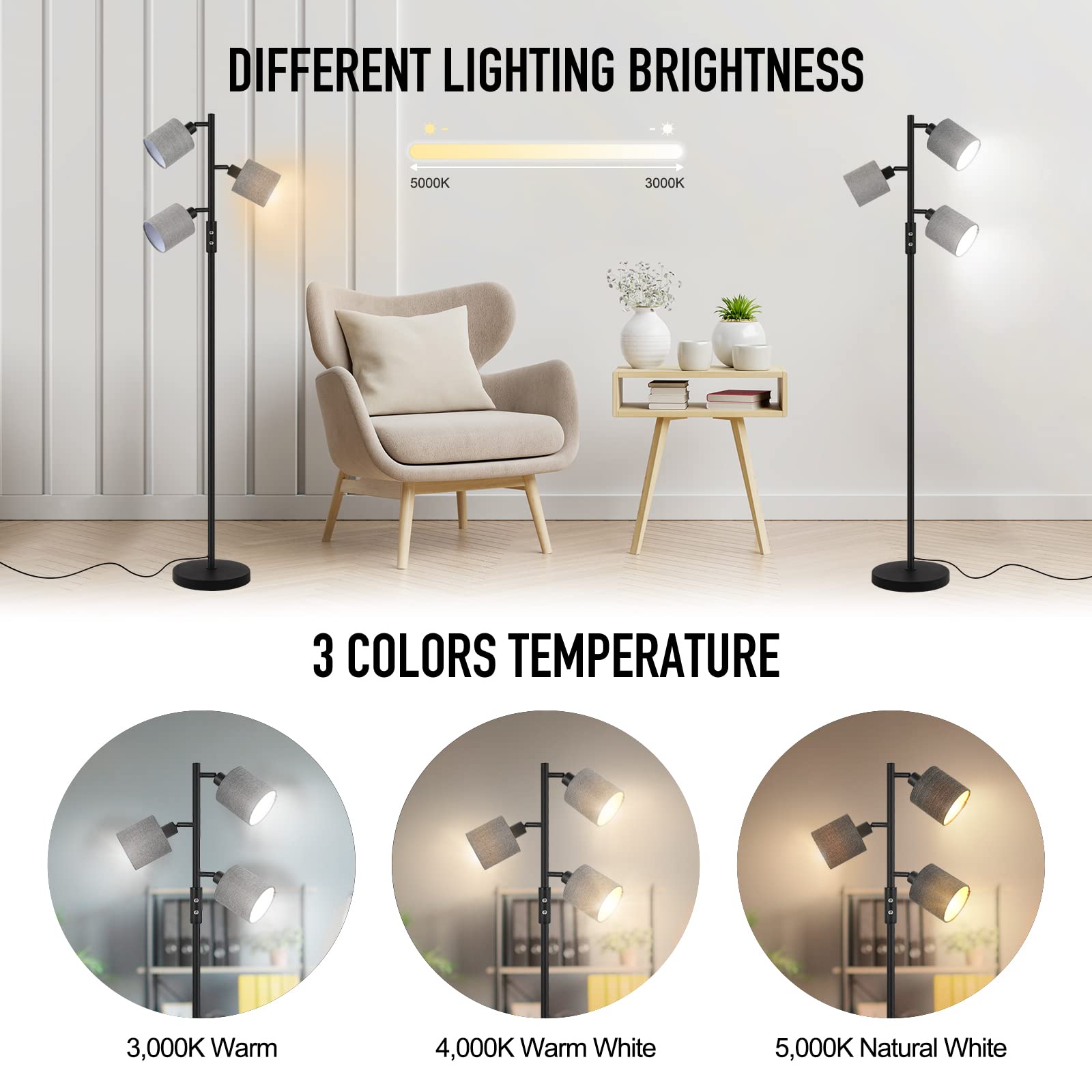 Boostarea Floor Lamps For Living Room, 3 Color Temperature, 3-Light Tree Standing Lamp, Minimalist Floor Lamp With Grey Lamp Sha