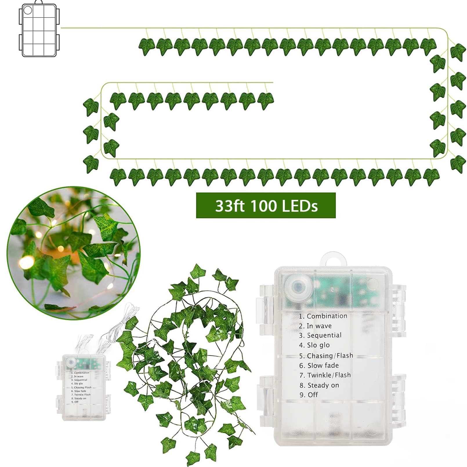 Nwlight 33 Ft Green Ivy Fairy Lights Battery Operated, 8 Flashing Model Waterproof 100 Leds Battery Powered Artifical Leaves Vine String Light For Garland Bedroom Wedding Party Holiday Patio Decor
