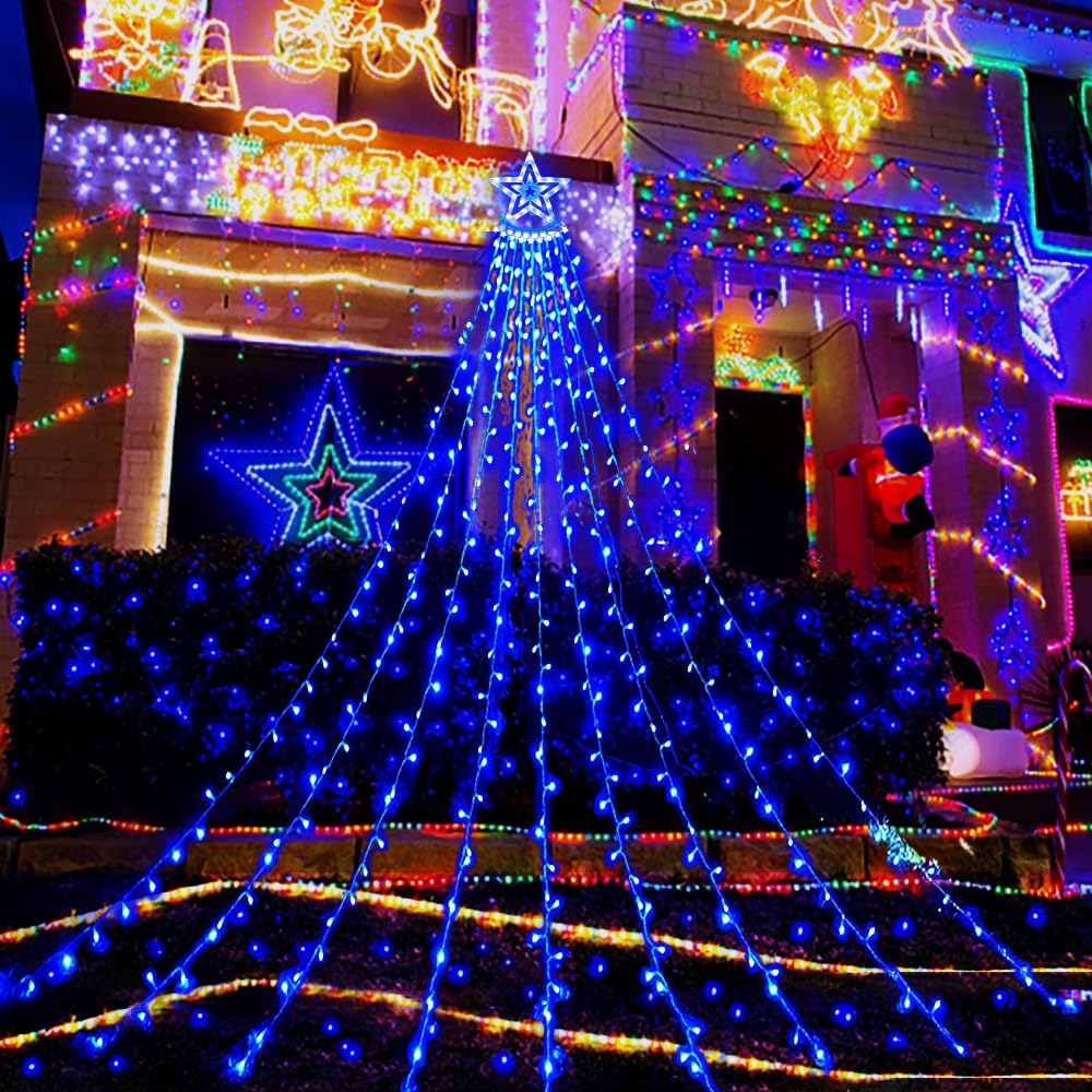 Aokudoni 12.6Ft 350 Led Blue Waterfall Christmas Lights, 8 Modes For Outdoor Decorations