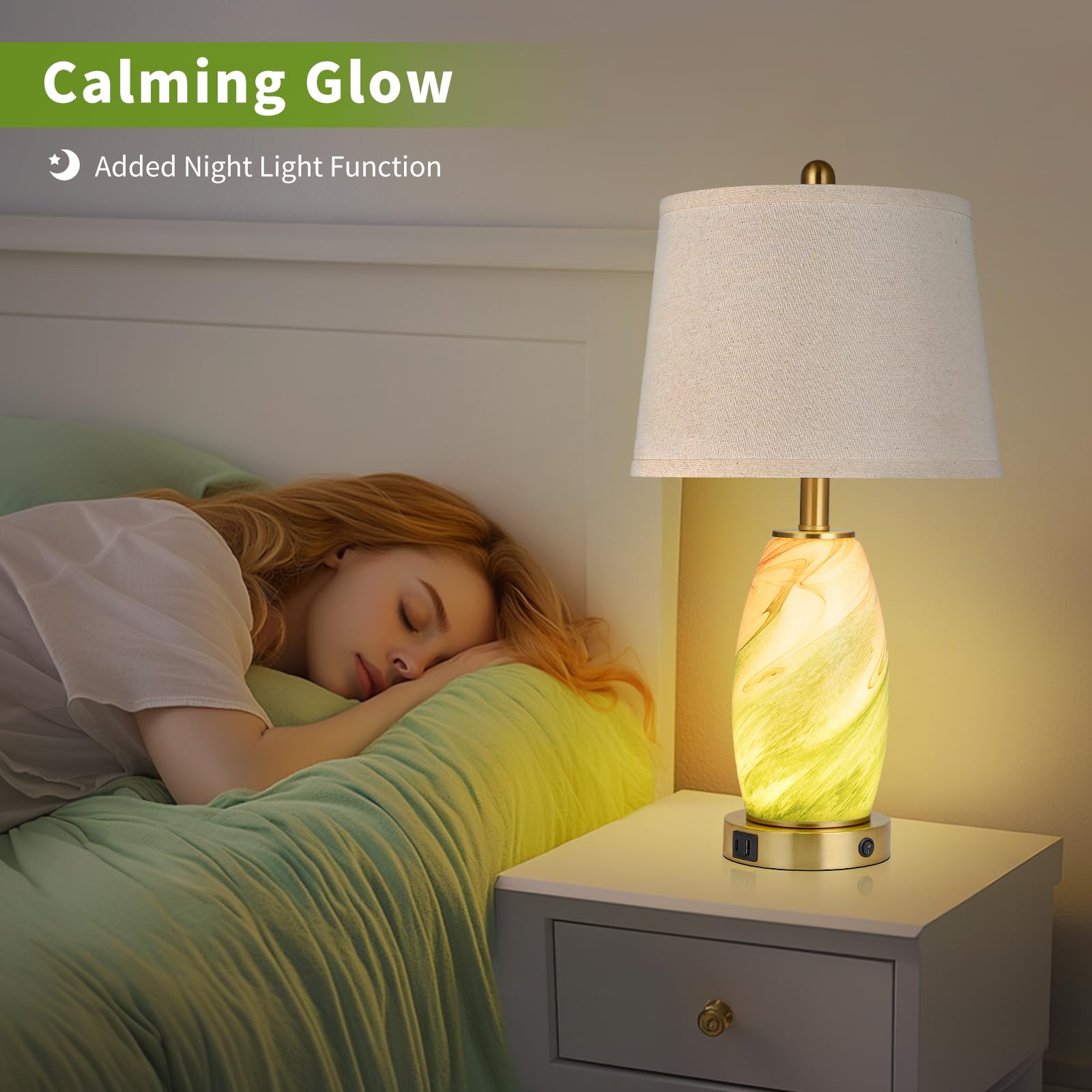 Lovlast Green Lamps Set Of 2 For Bedroom & Bedside With 3-Way Lighting Modes & Usb C+A - Modern Style Glass Nightstand Table Lam