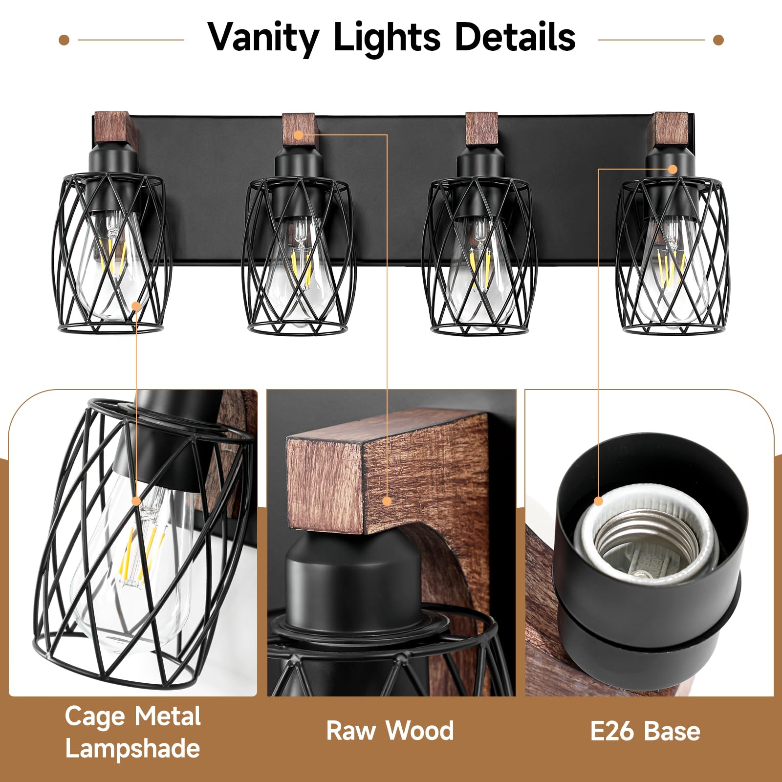 Dikaida Farmhouse Bathroom Vanity Light Fixtures, 3-Light Rustic Vanity Lights For Bathroom, Vintage Black Bathroom Lighting Fix