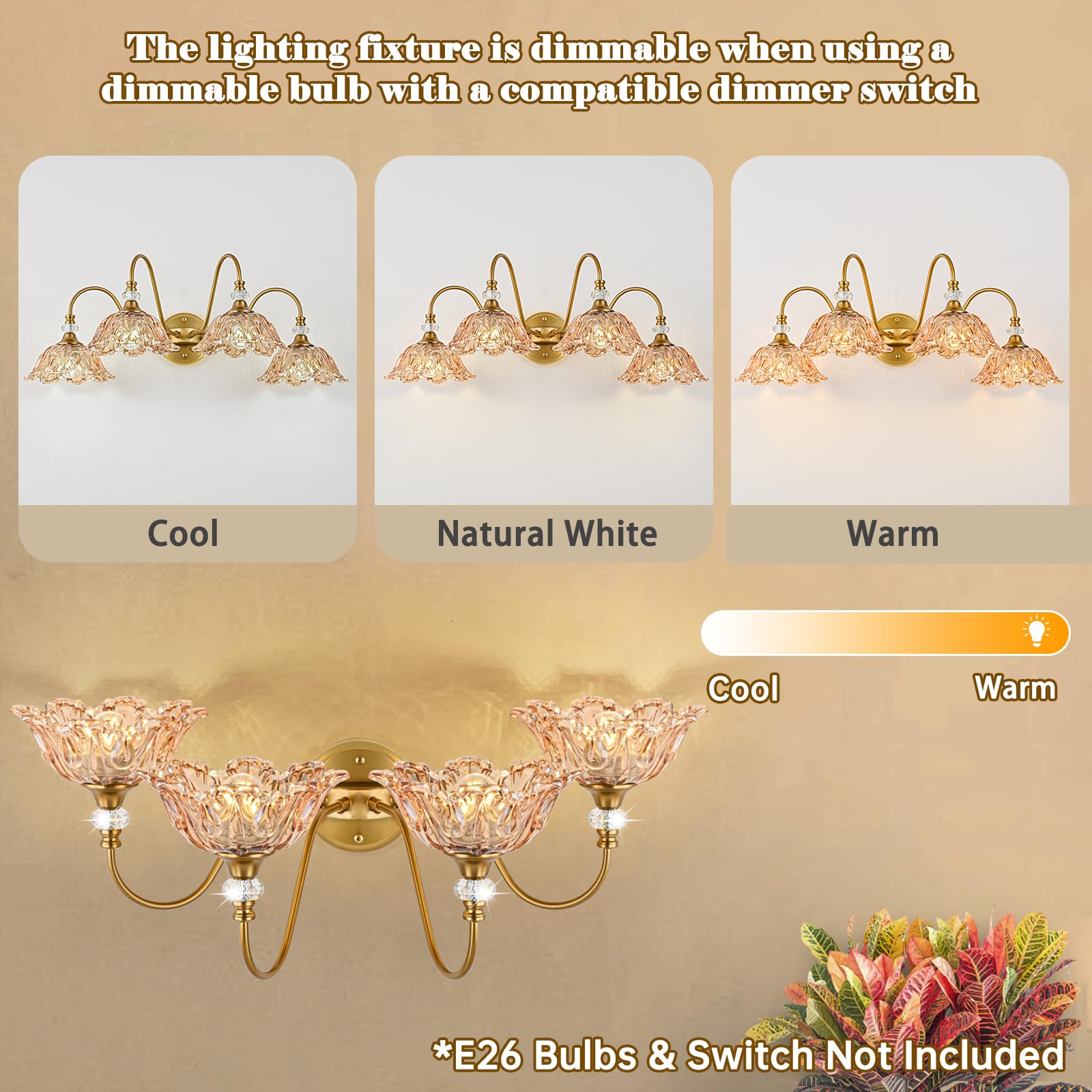Sunkryster Vintage Bathroom Vanity Light  4-Light Matte Brass Finish Vanity Light With Floral Amber Glass Shades  Retro Wall Mount Lighting For Bathroom  Dressing Table