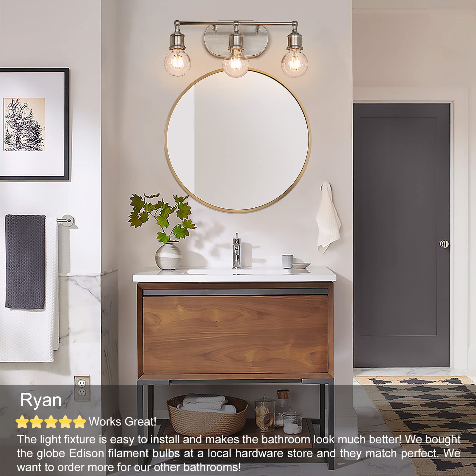 Maxvolador Bathroom Vanity Light, 3-Light Brushed Nickel Vanity Lighting Fixture, Modern Wall Sconce Lights, Wall Mount Over Mir