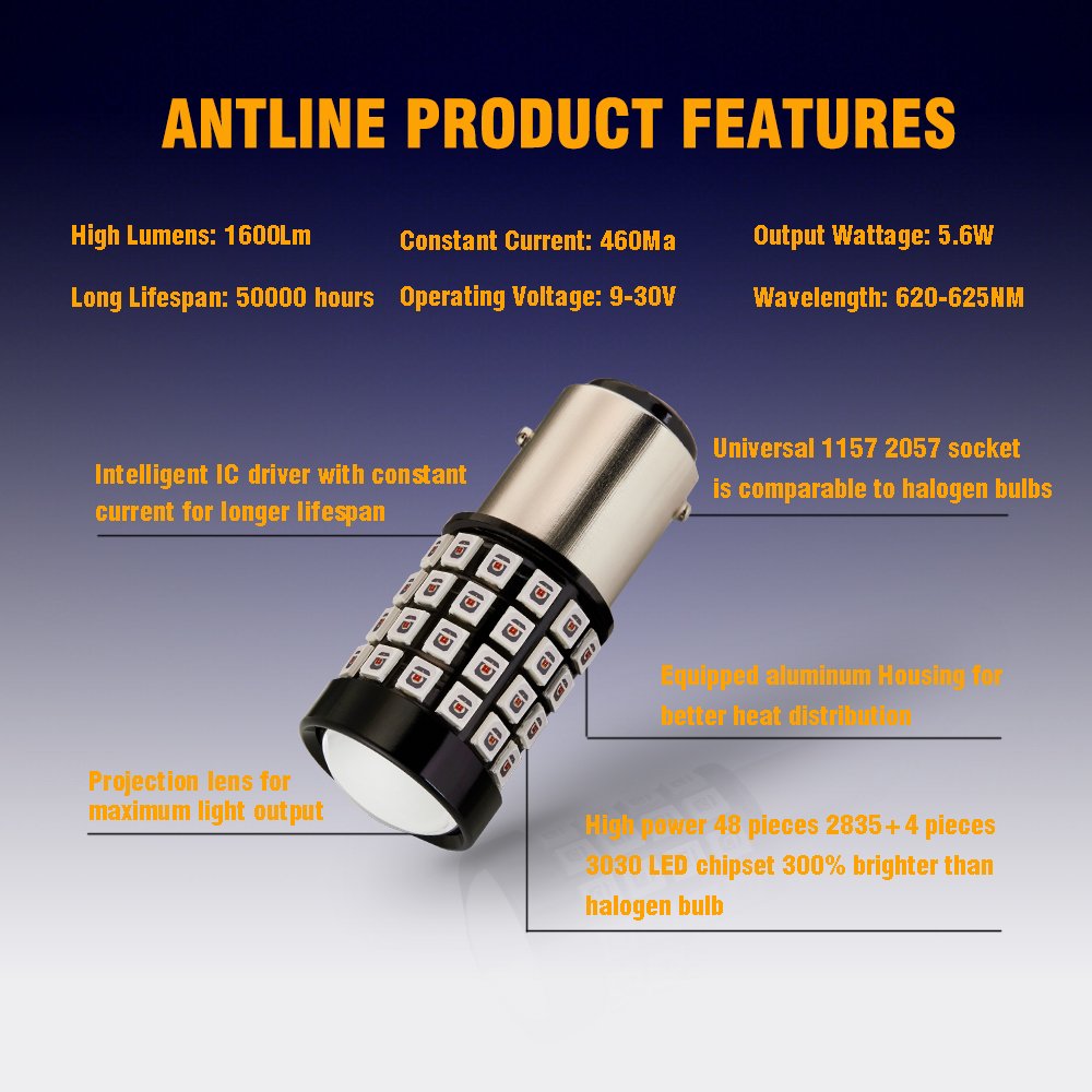 Antline 1157 Led Bulb Flash Strobe Red (2 Pack), 9-30V Super Bright 1600 Lumens 2057 2357 7528 52-Smd Led With Projector For Rep